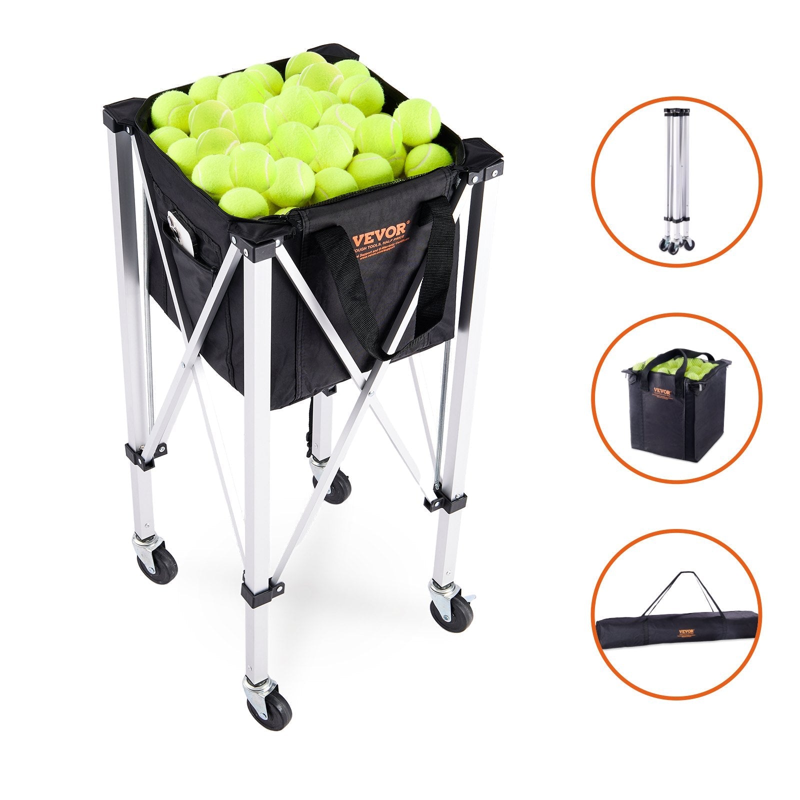 VEVOR Foldable Tennis Ball Hopper, Holds 180 Tennis Balls, Lightweight Aluminum Alloy Tennis Ball Basket Cart with Wheels, Removable Bag, Carry Bag, Portable Sports Teaching Cart for Tennis Player 