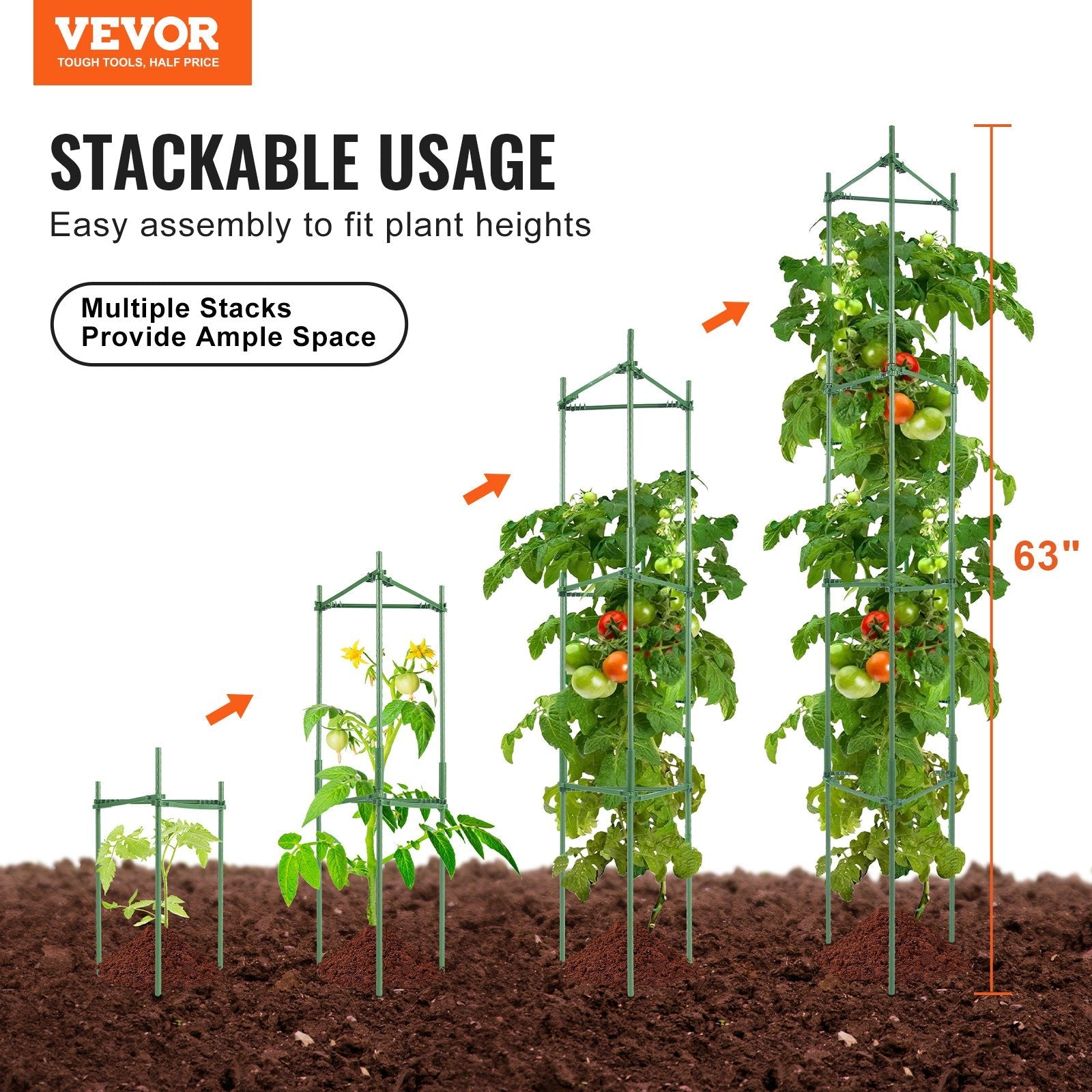 VEVOR 4 Packs Tomato Cages for Garden 63" Tomato Plant Stakes Support Cage 