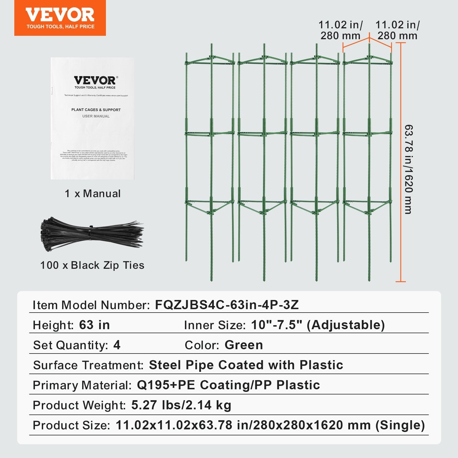 VEVOR 4 Packs Tomato Cages for Garden 63" Tomato Plant Stakes Support Cage 