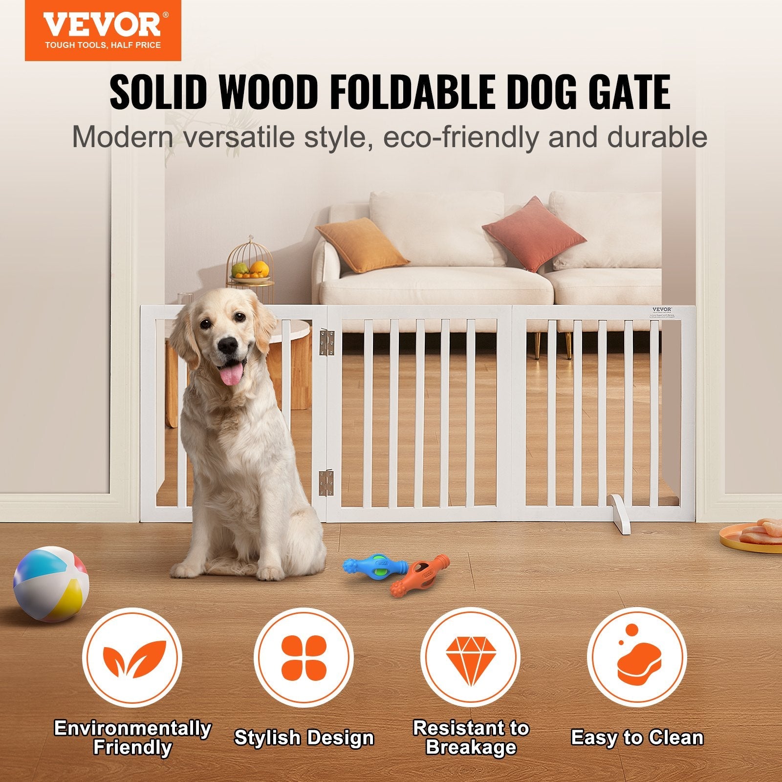 VEVOR Free Standing Dog Gate, 24" H x 60" W Freestanding Pet Gate, 3 Panels Foldable Dog Gate for Wide and Narrow Passageways, Expandable Dog Barrier with Silent Foot Support for Indoor, White 