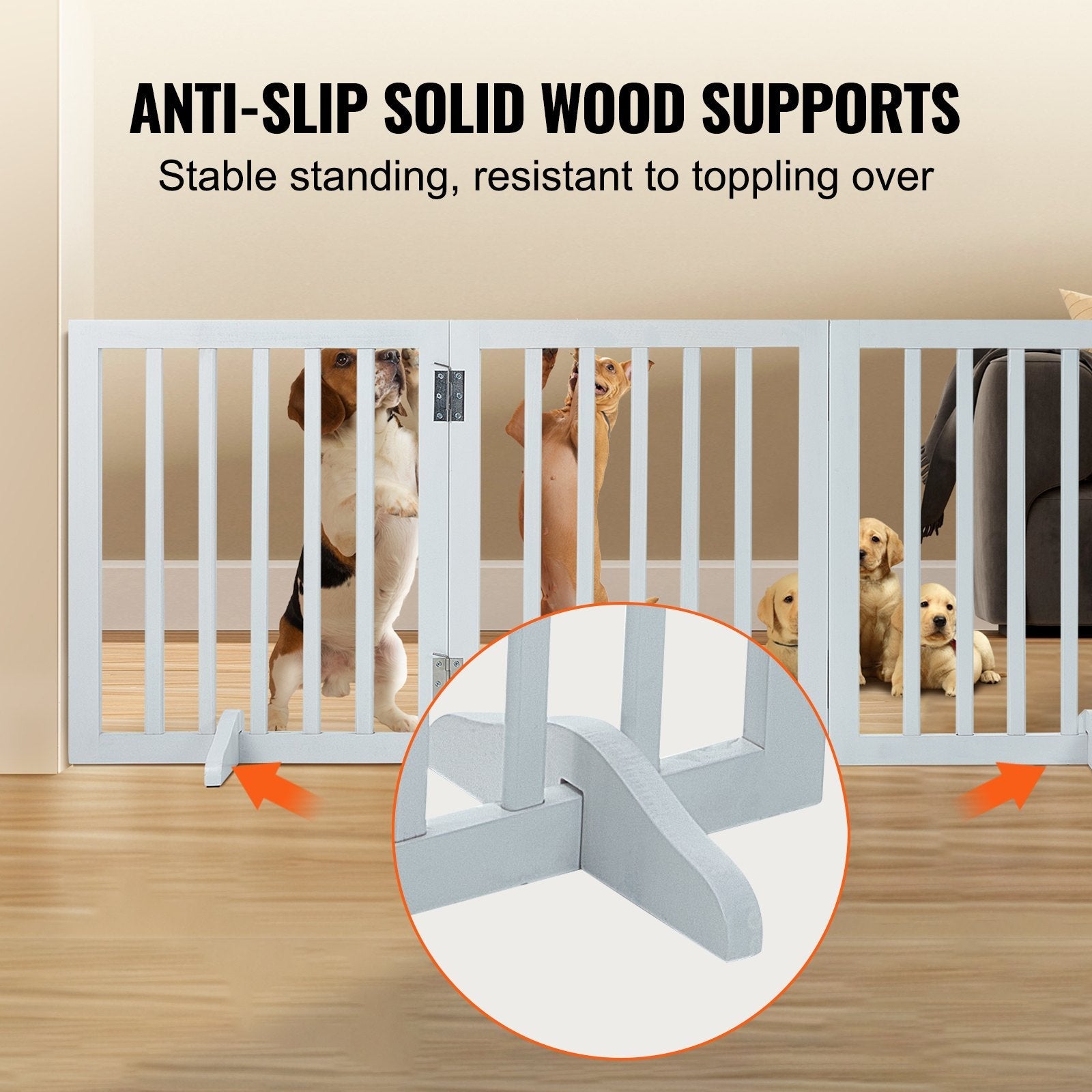 VEVOR Free Standing Dog Gate, 24" H x 60" W Freestanding Pet Gate, 3 Panels Foldable Dog Gate for Wide and Narrow Passageways, Expandable Dog Barrier with Silent Foot Support for Indoor, White 