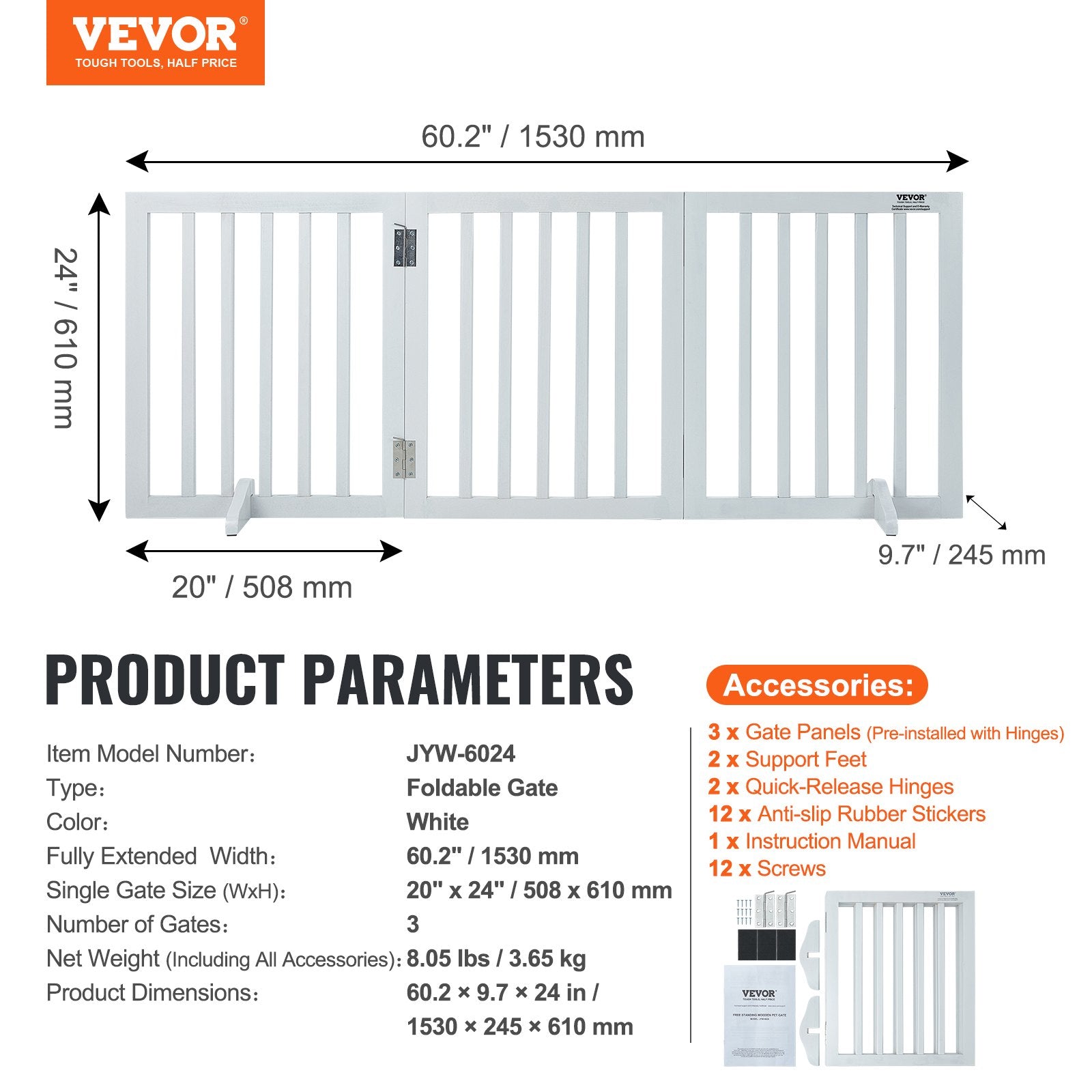 VEVOR Free Standing Dog Gate, 24" H x 60" W Freestanding Pet Gate, 3 Panels Foldable Dog Gate for Wide and Narrow Passageways, Expandable Dog Barrier with Silent Foot Support for Indoor, White 