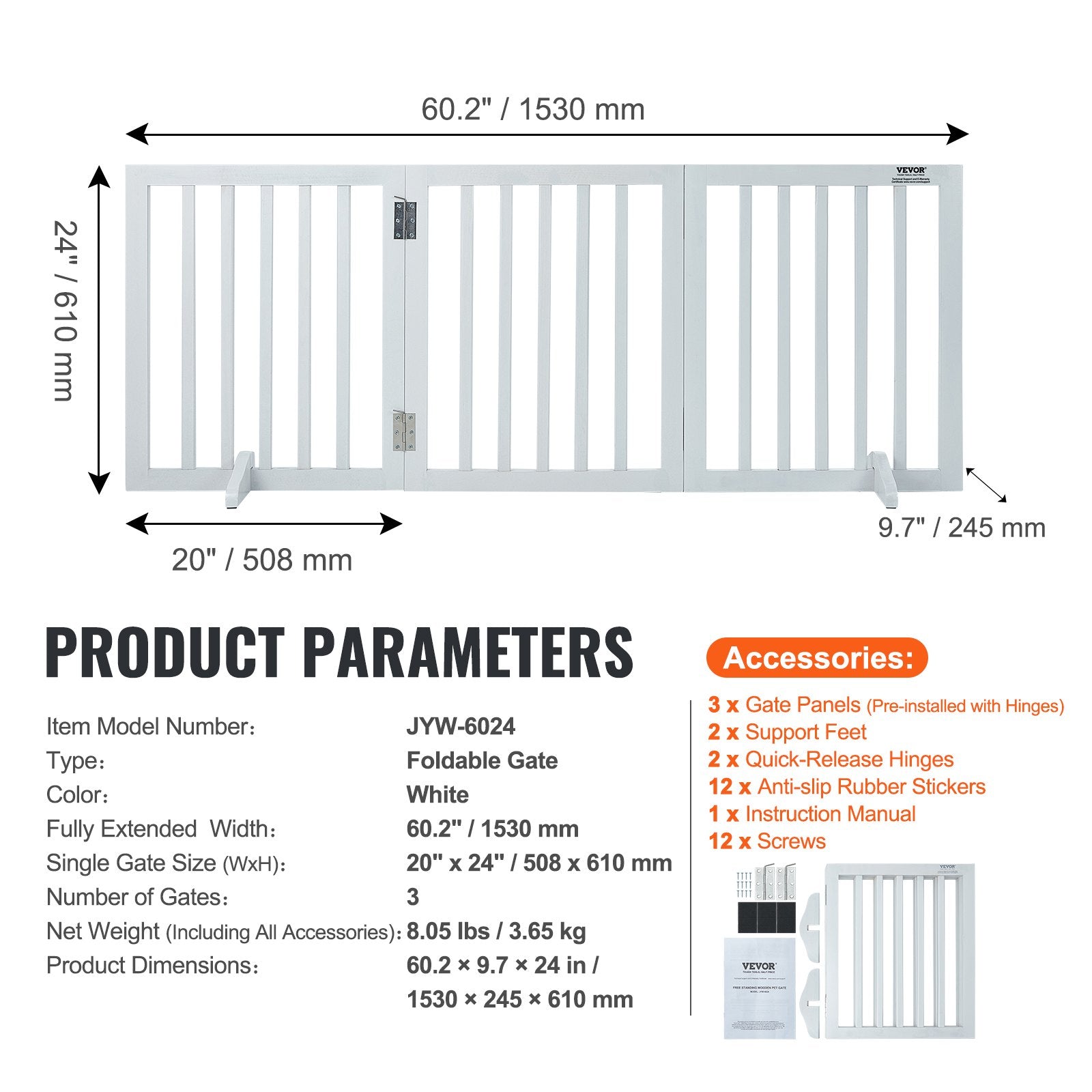 VEVOR Free Standing Dog Gate, 24" H x 60" W Freestanding Pet Gate, 3 Panels Foldable Dog Gate for Wide and Narrow Passageways, Expandable Dog Barrier with Silent Foot Support for Indoor, White 