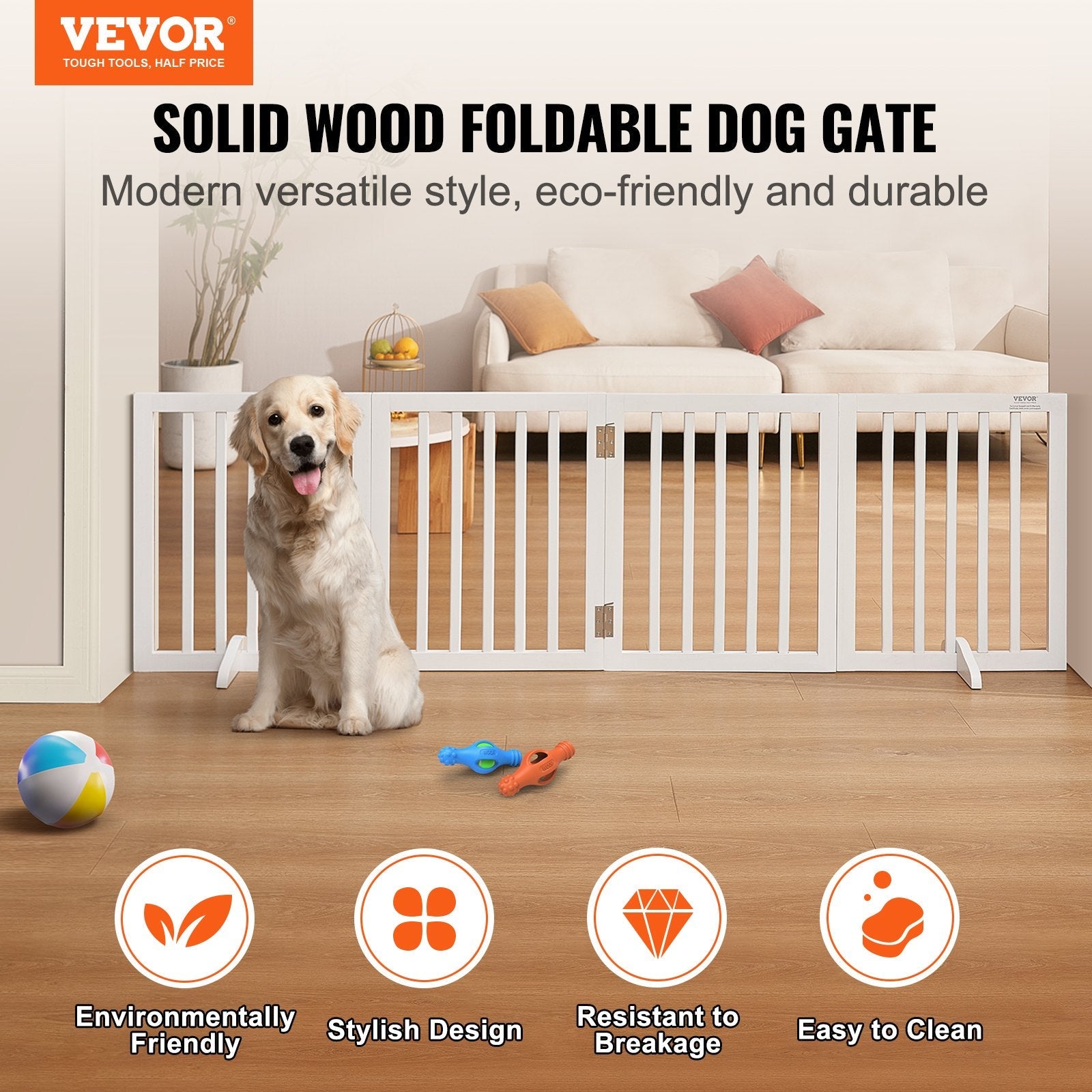 VEVOR Free Standing Dog Gate, 24" H x 80.3" W Freestanding Pet Gate, 4 Panels Foldable Dog Gate for Wide and Narrow Passageways, Expandable Dog Barrier with Silent Foot Support for Indoor, White 