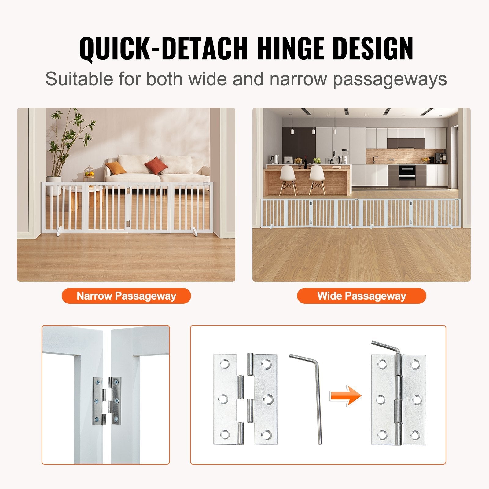 VEVOR Free Standing Dog Gate, 24" H x 80.3" W Freestanding Pet Gate, 4 Panels Foldable Dog Gate for Wide and Narrow Passageways, Expandable Dog Barrier with Silent Foot Support for Indoor, White 