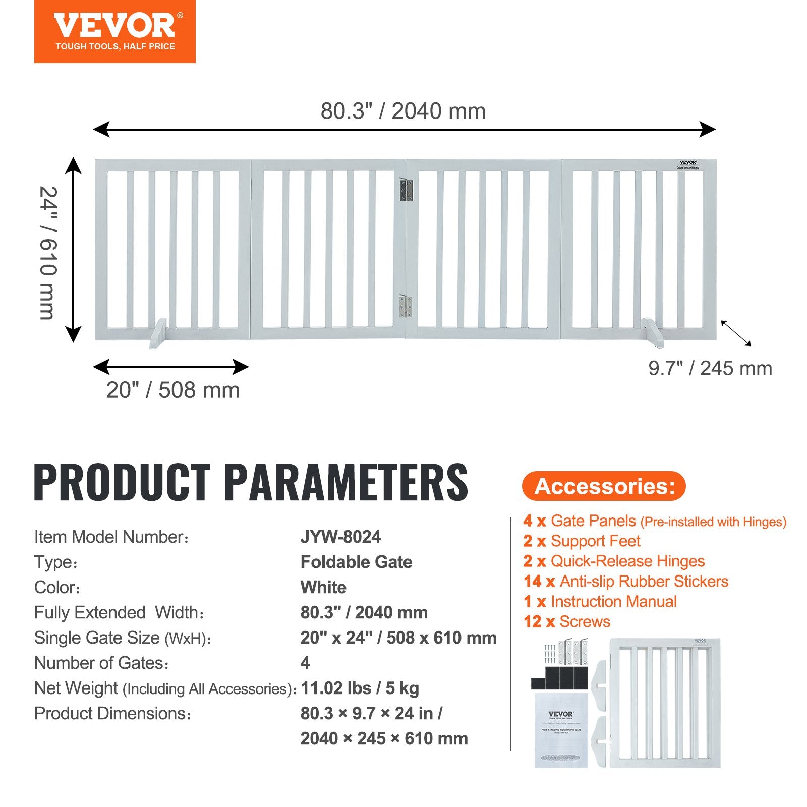 VEVOR Free Standing Dog Gate, 24" H x 80.3" W Freestanding Pet Gate, 4 Panels Foldable Dog Gate for Wide and Narrow Passageways, Expandable Dog Barrier with Silent Foot Support for Indoor, White 