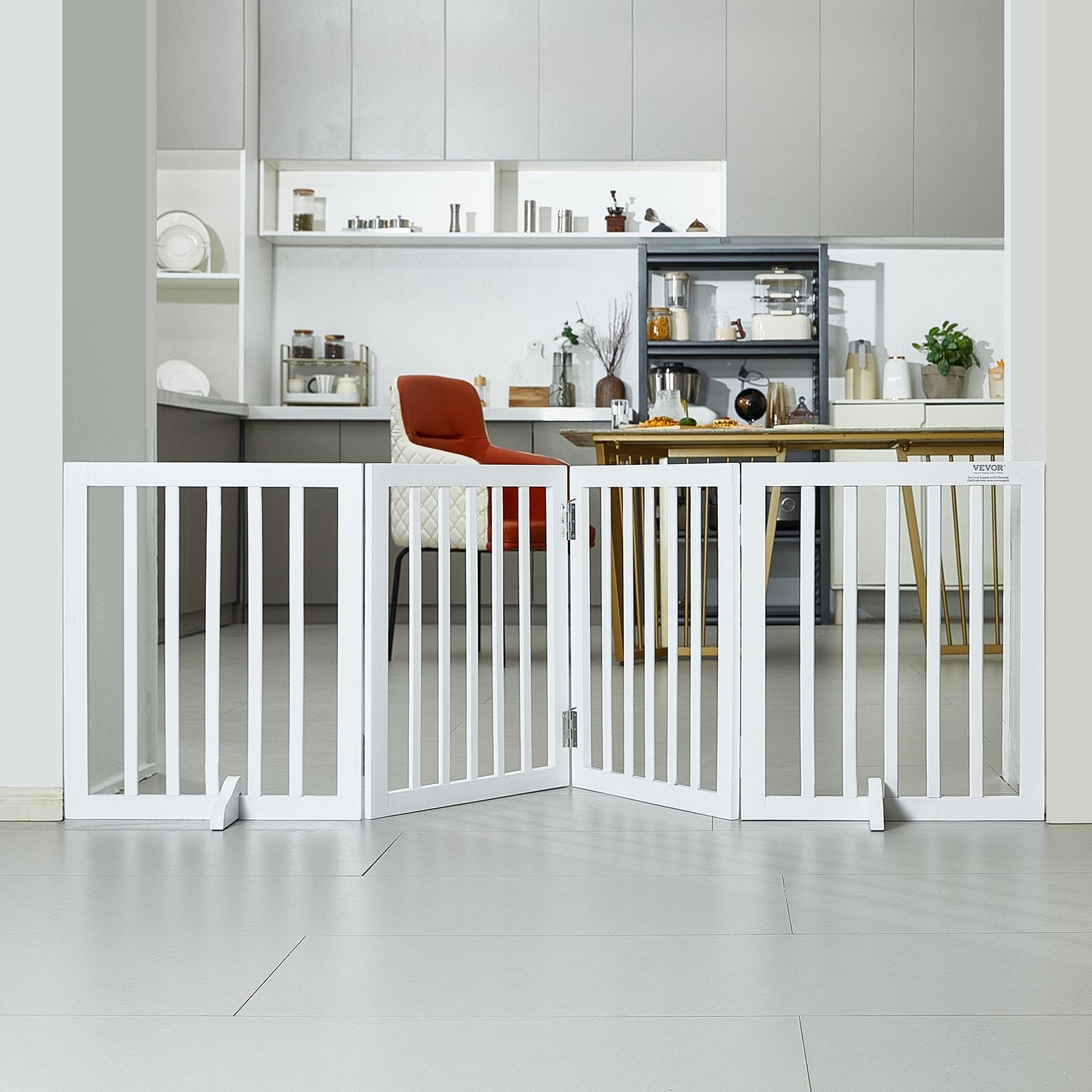VEVOR Free Standing Dog Gate, 24" H x 80.3" W Freestanding Pet Gate, 4 Panels Foldable Dog Gate for Wide and Narrow Passageways, Expandable Dog Barrier with Silent Foot Support for Indoor, White 