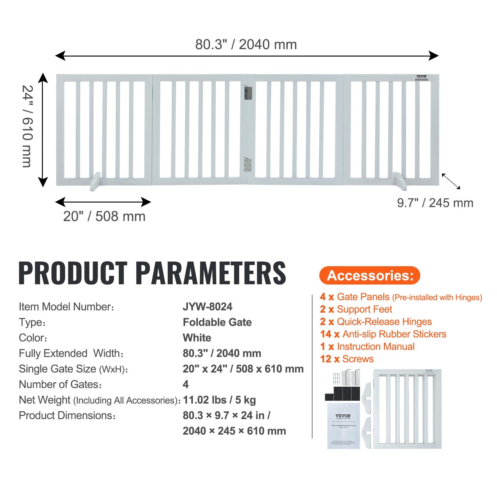 VEVOR Free Standing Dog Gate, 24" H x 80.3" W Freestanding Pet Gate, 4 Panels Foldable Dog Gate for Wide and Narrow Passageways, Expandable Dog Barrier with Silent Foot Support for Indoor, White 
