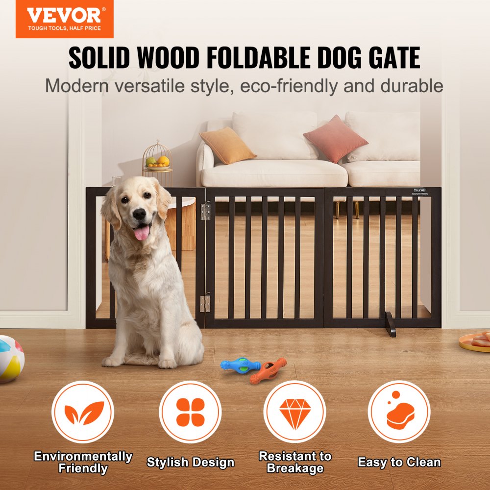 VEVOR Free Standing Dog Gate, 24" H x 60" W Freestanding Pet Gate, 3 Panels Foldable Dog Gate for Wide and Narrow Passageways, Expandable Dog Barrier with Silent Foot Support for Indoor, Brown 