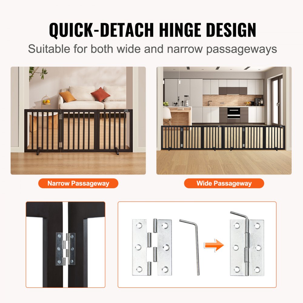 VEVOR Free Standing Dog Gate, 24" H x 60" W Freestanding Pet Gate, 3 Panels Foldable Dog Gate for Wide and Narrow Passageways, Expandable Dog Barrier with Silent Foot Support for Indoor, Brown 