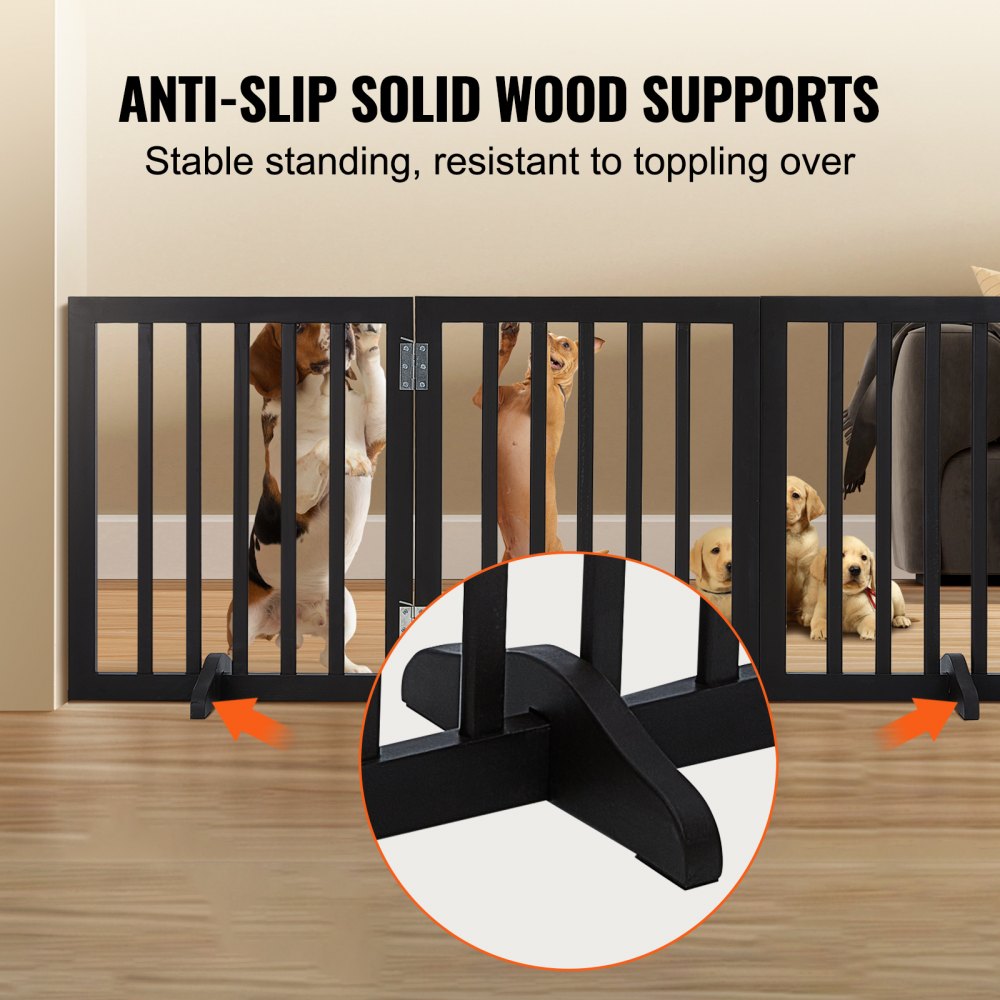 VEVOR Free Standing Dog Gate, 24" H x 60" W Freestanding Pet Gate, 3 Panels Foldable Dog Gate for Wide and Narrow Passageways, Expandable Dog Barrier with Silent Foot Support for Indoor, Brown 