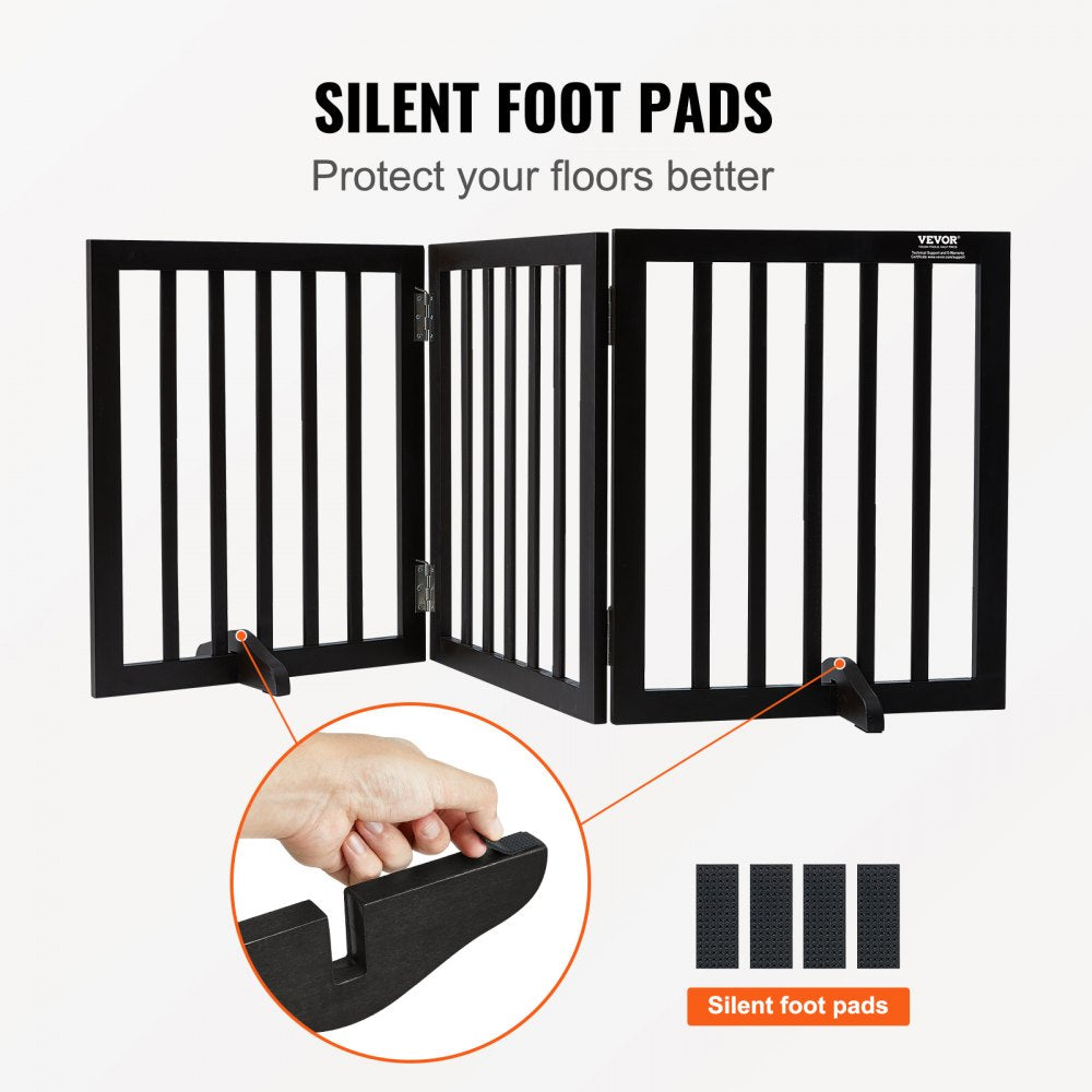 VEVOR Free Standing Dog Gate, 24" H x 60" W Freestanding Pet Gate, 3 Panels Foldable Dog Gate for Wide and Narrow Passageways, Expandable Dog Barrier with Silent Foot Support for Indoor, Brown 
