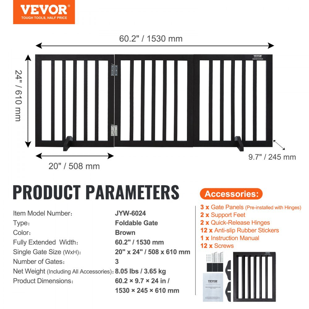 VEVOR Free Standing Dog Gate, 24" H x 60" W Freestanding Pet Gate, 3 Panels Foldable Dog Gate for Wide and Narrow Passageways, Expandable Dog Barrier with Silent Foot Support for Indoor, Brown 
