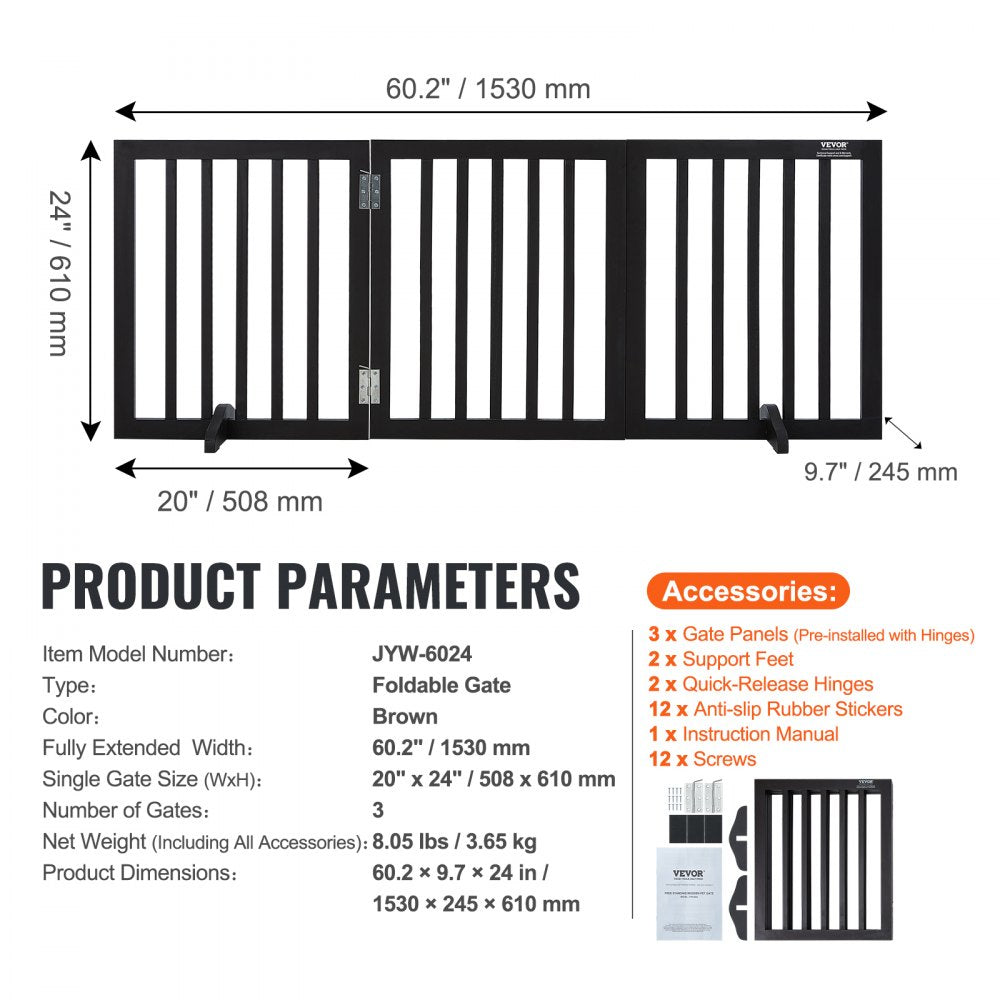 VEVOR Free Standing Dog Gate, 24" H x 60" W Freestanding Pet Gate, 3 Panels Foldable Dog Gate for Wide and Narrow Passageways, Expandable Dog Barrier with Silent Foot Support for Indoor, Brown 