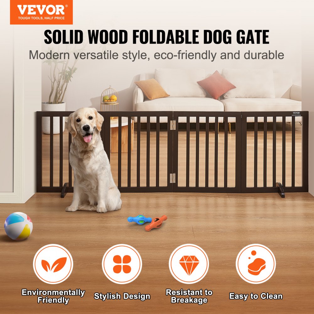 VEVOR Free Standing Dog Gate, 24" H x 80.3" W Freestanding Pet Gate, 4 Panels Foldable Dog Gate for Wide and Narrow Passageways, Expandable Dog Barrier with Silent Foot Support for Indoor, Brown 