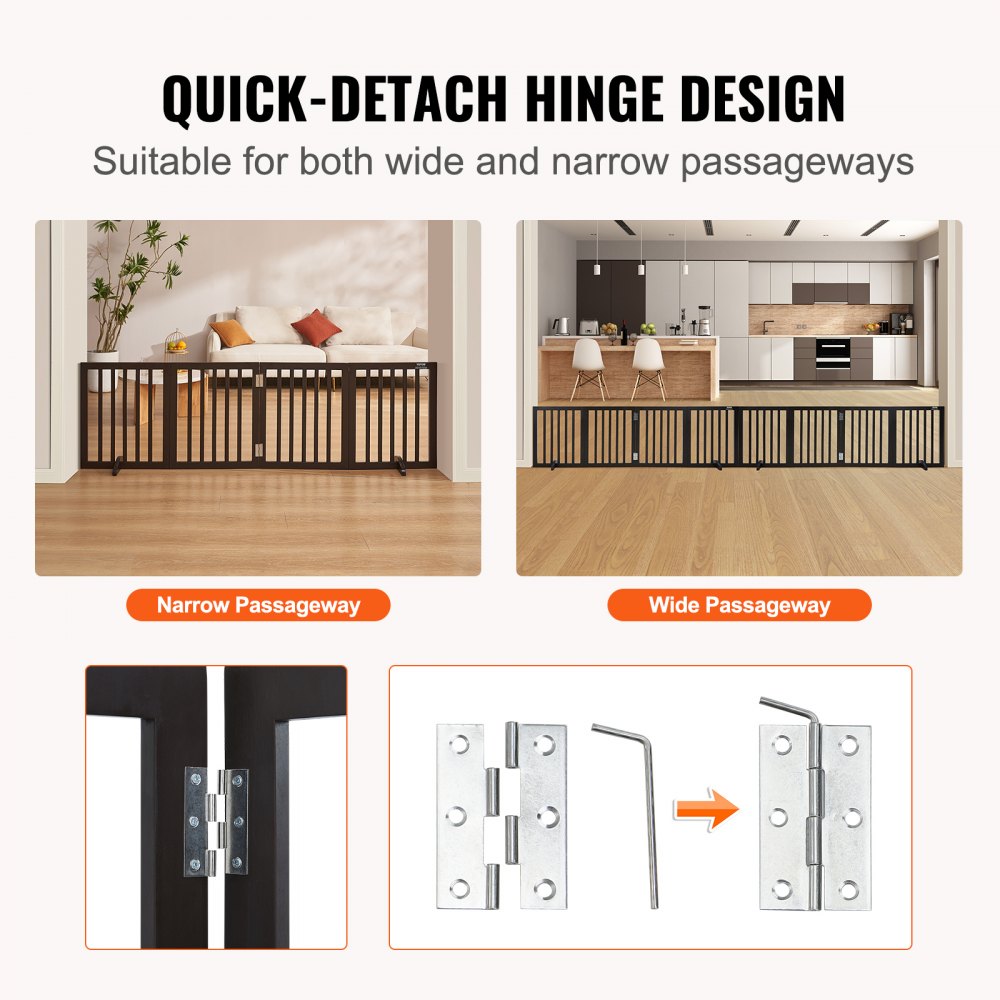 VEVOR Free Standing Dog Gate, 24" H x 80.3" W Freestanding Pet Gate, 4 Panels Foldable Dog Gate for Wide and Narrow Passageways, Expandable Dog Barrier with Silent Foot Support for Indoor, Brown 