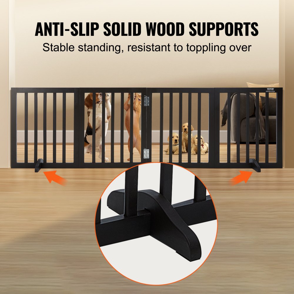 VEVOR Free Standing Dog Gate, 24" H x 80.3" W Freestanding Pet Gate, 4 Panels Foldable Dog Gate for Wide and Narrow Passageways, Expandable Dog Barrier with Silent Foot Support for Indoor, Brown 