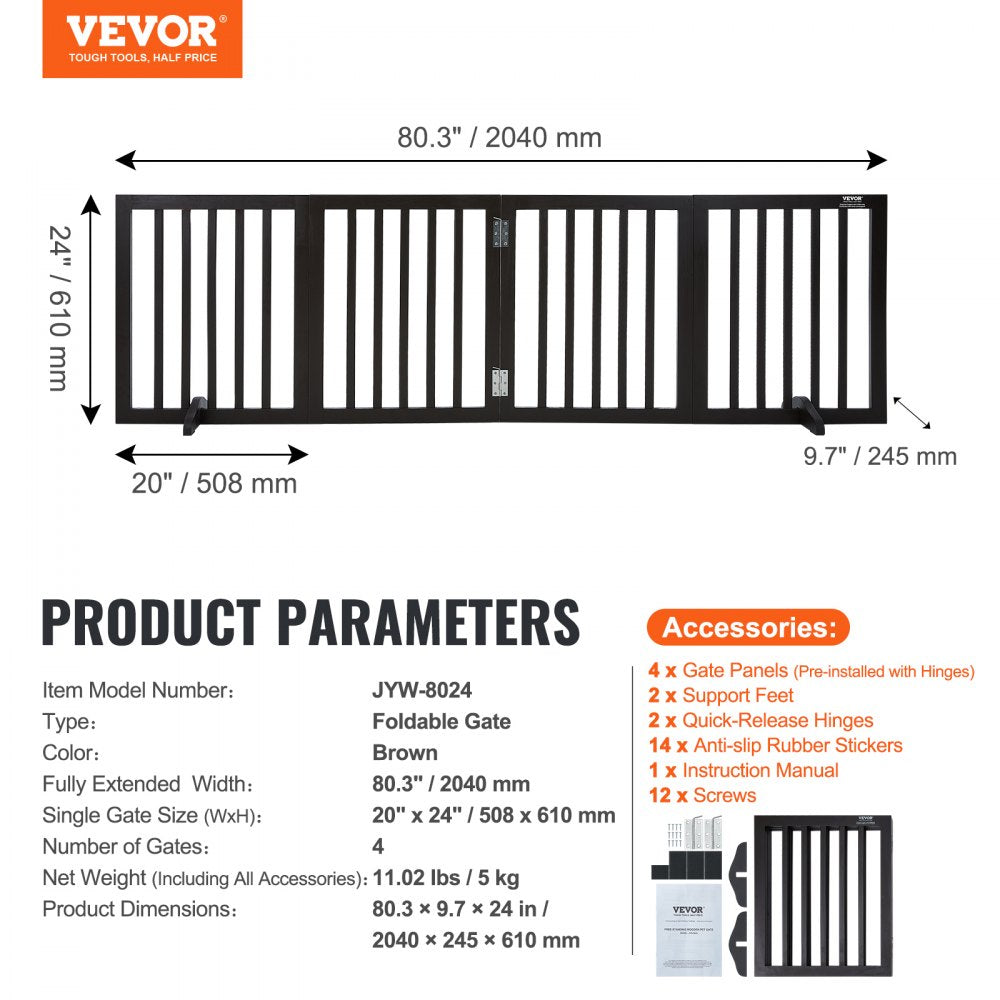VEVOR Free Standing Dog Gate, 24" H x 80.3" W Freestanding Pet Gate, 4 Panels Foldable Dog Gate for Wide and Narrow Passageways, Expandable Dog Barrier with Silent Foot Support for Indoor, Brown 