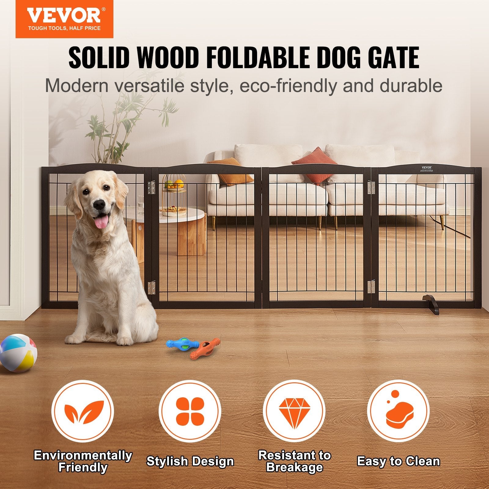 VEVOR Free Standing Dog Gate, 32" H x 96.5" W Freestanding Pet Gate, 4 Panels Foldable Dog Gate for Wide and Narrow Passageways, Expandable Dog Barrier with Silent Foot Support for Indoor, Brown 