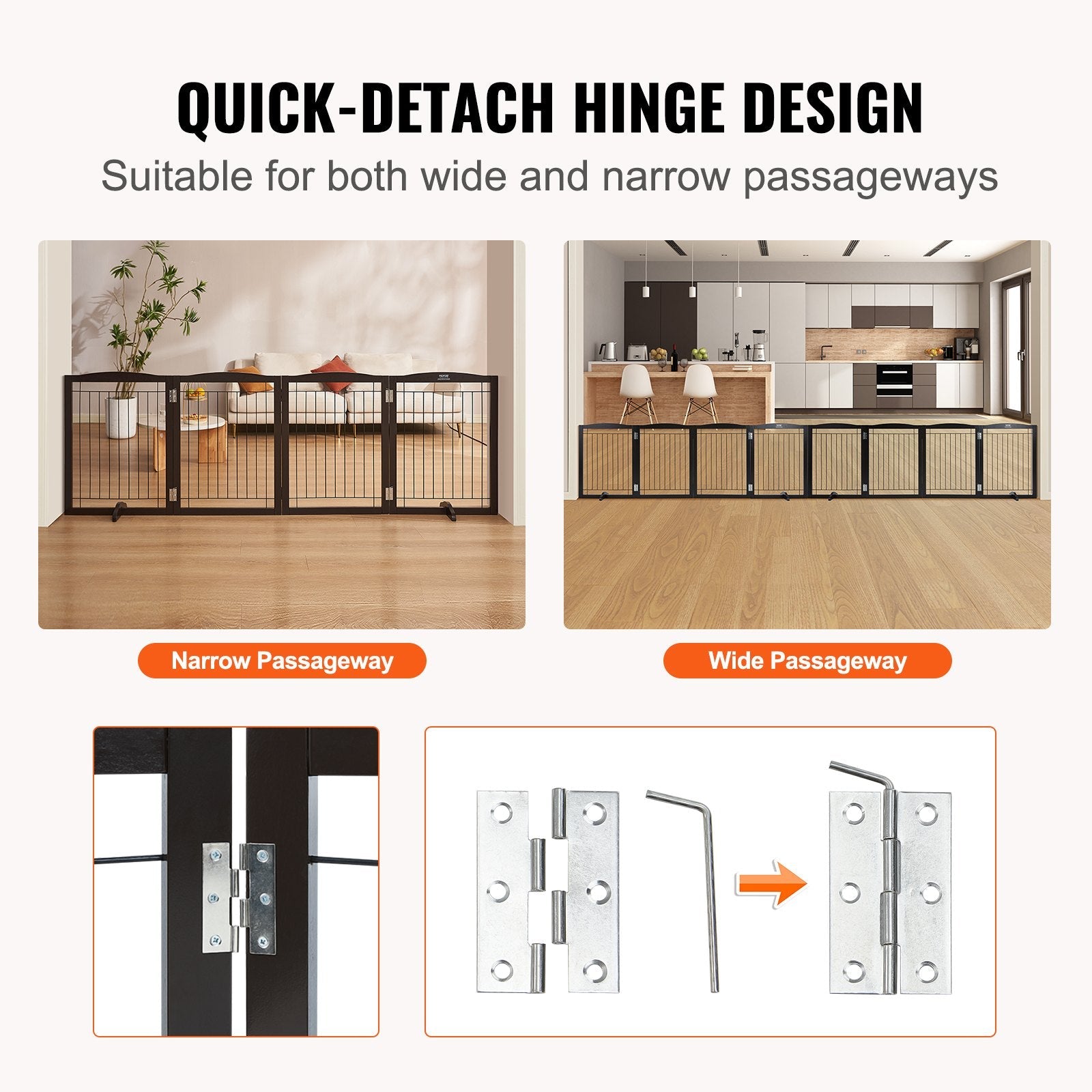 VEVOR Free Standing Dog Gate, 32" H x 96.5" W Freestanding Pet Gate, 4 Panels Foldable Dog Gate for Wide and Narrow Passageways, Expandable Dog Barrier with Silent Foot Support for Indoor, Brown 