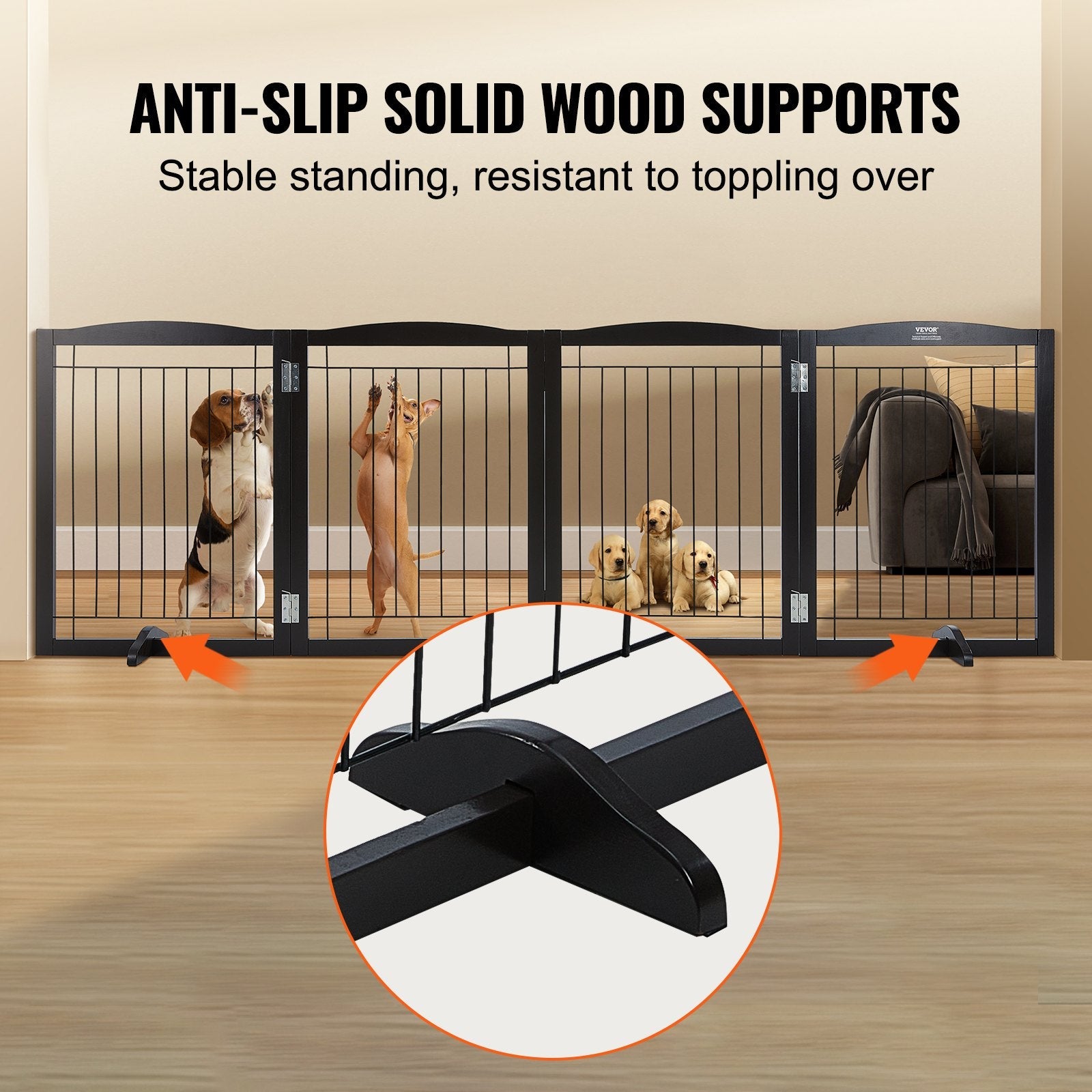 VEVOR Free Standing Dog Gate, 32" H x 96.5" W Freestanding Pet Gate, 4 Panels Foldable Dog Gate for Wide and Narrow Passageways, Expandable Dog Barrier with Silent Foot Support for Indoor, Brown 