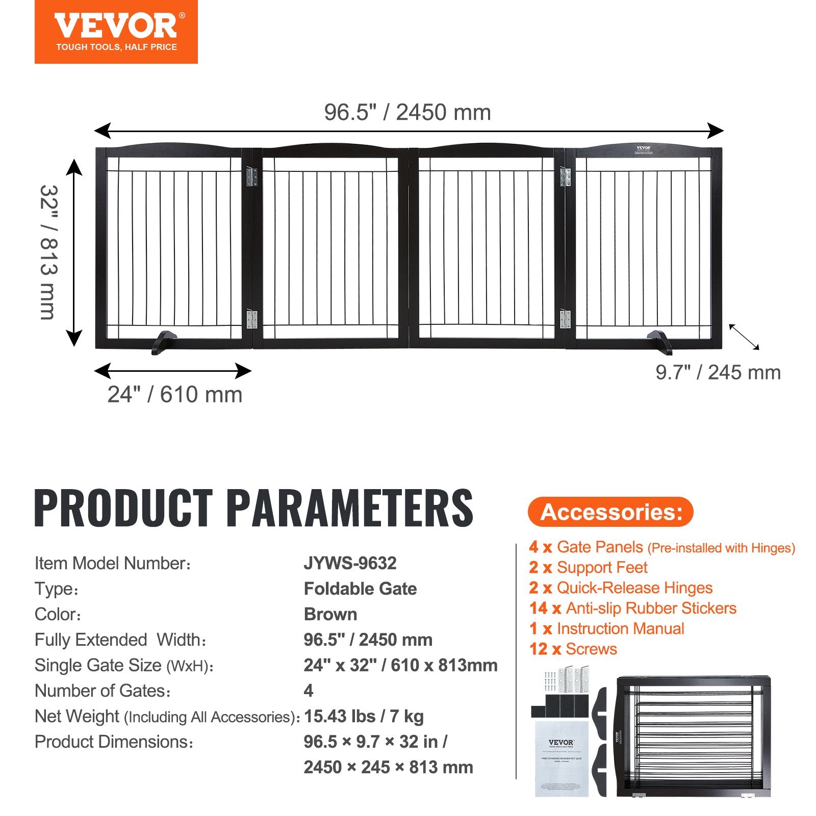 VEVOR Free Standing Dog Gate, 32" H x 96.5" W Freestanding Pet Gate, 4 Panels Foldable Dog Gate for Wide and Narrow Passageways, Expandable Dog Barrier with Silent Foot Support for Indoor, Brown 