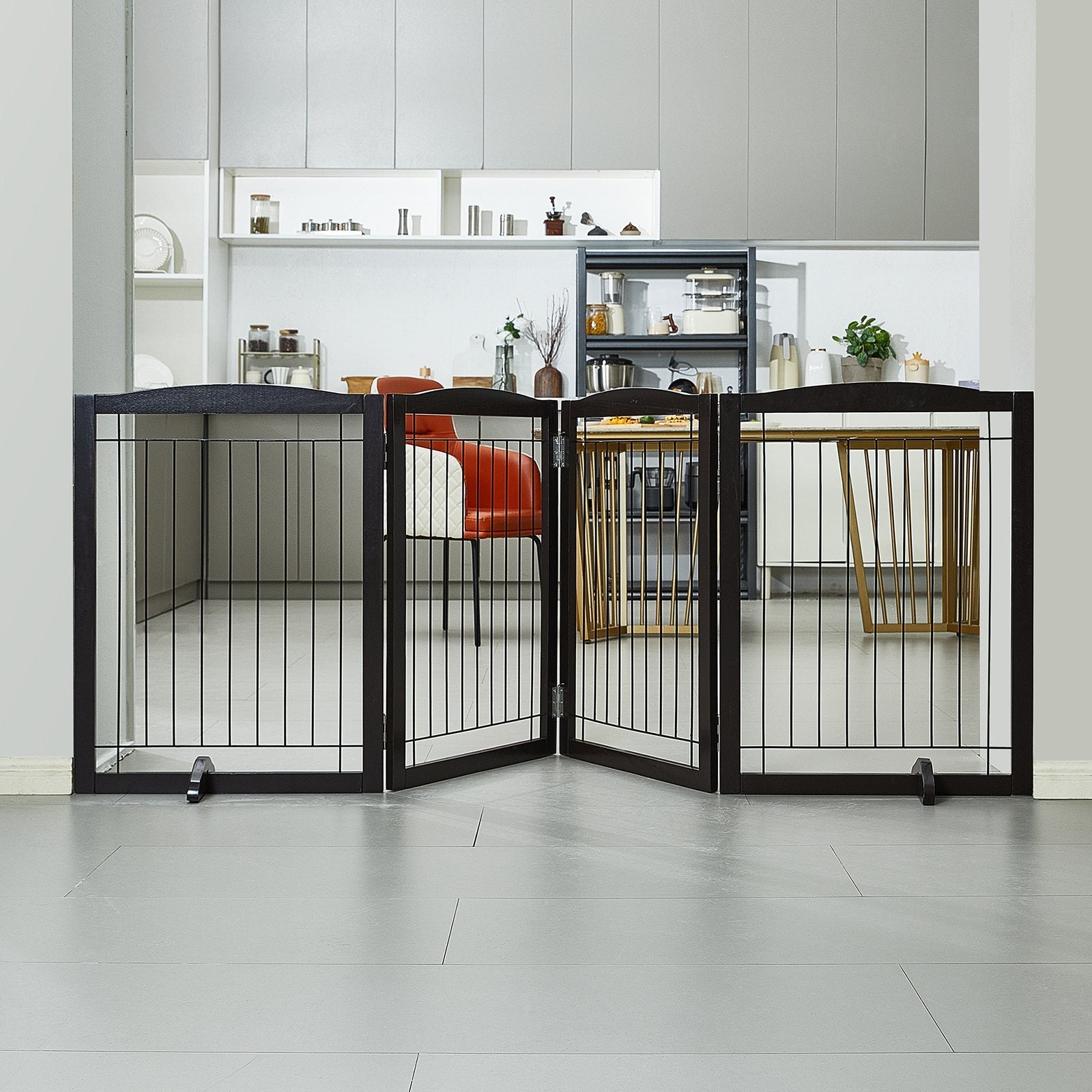 VEVOR Free Standing Dog Gate, 32" H x 96.5" W Freestanding Pet Gate, 4 Panels Foldable Dog Gate for Wide and Narrow Passageways, Expandable Dog Barrier with Silent Foot Support for Indoor, Brown 