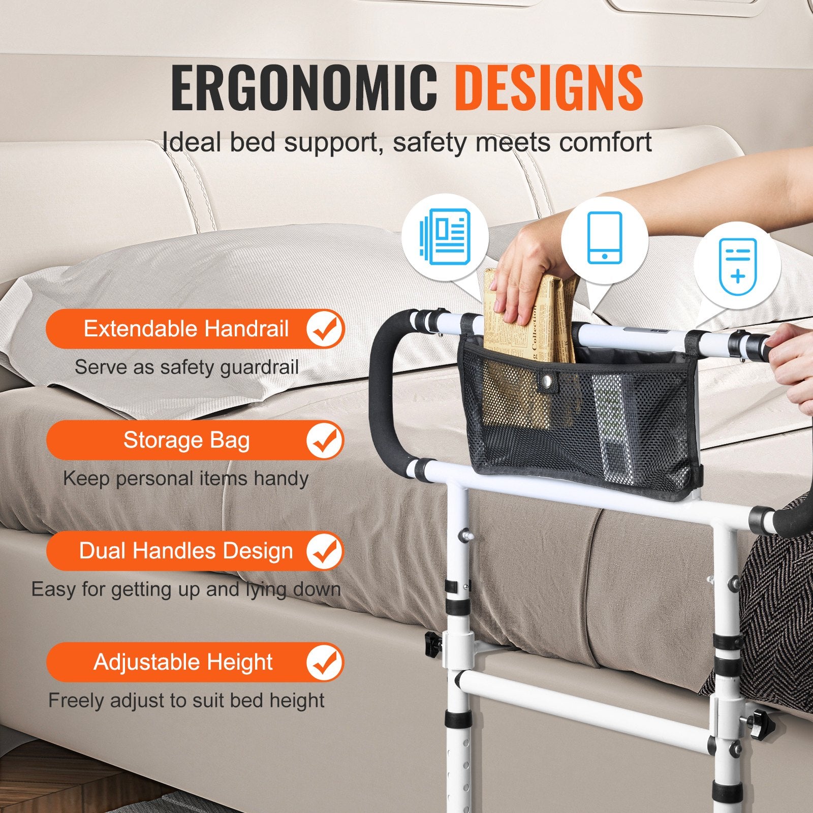 VEVOR Bed Rails for Elderly Adults, 180° Foldable Bed Assist Rails for Seniors, 450LBS Loading Bed Side Rails Bed Cane with 4-Level Adjustable Handle, Storage Pocket Fits King Queen Full Twin Bed