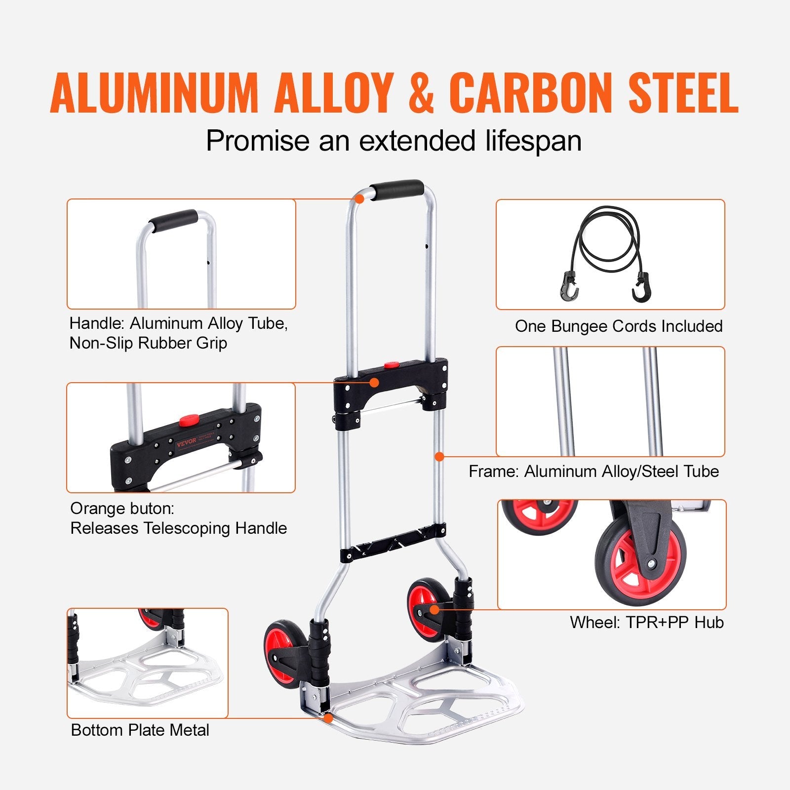 VEVOR Folding Hand Truck, 176 lbs Load Capacity, Aluminum Portable Cart, Convertible Hand Truck and Dolly with Telescoping Handle and Rubber Wheels, Ultra Lightweight Super Strong for Moving Warehouse 