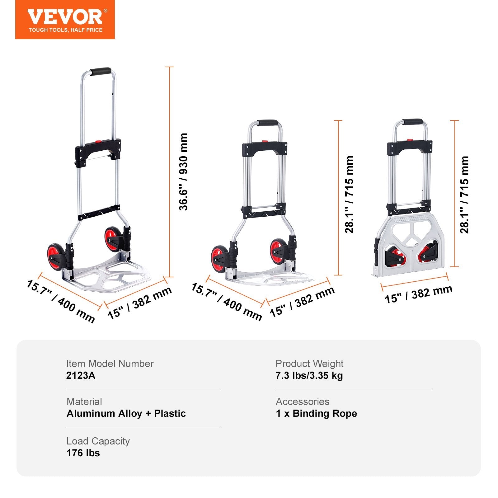 VEVOR Folding Hand Truck, 176 lbs Load Capacity, Aluminum Portable Cart, Convertible Hand Truck and Dolly with Telescoping Handle and Rubber Wheels, Ultra Lightweight Super Strong for Moving Warehouse 