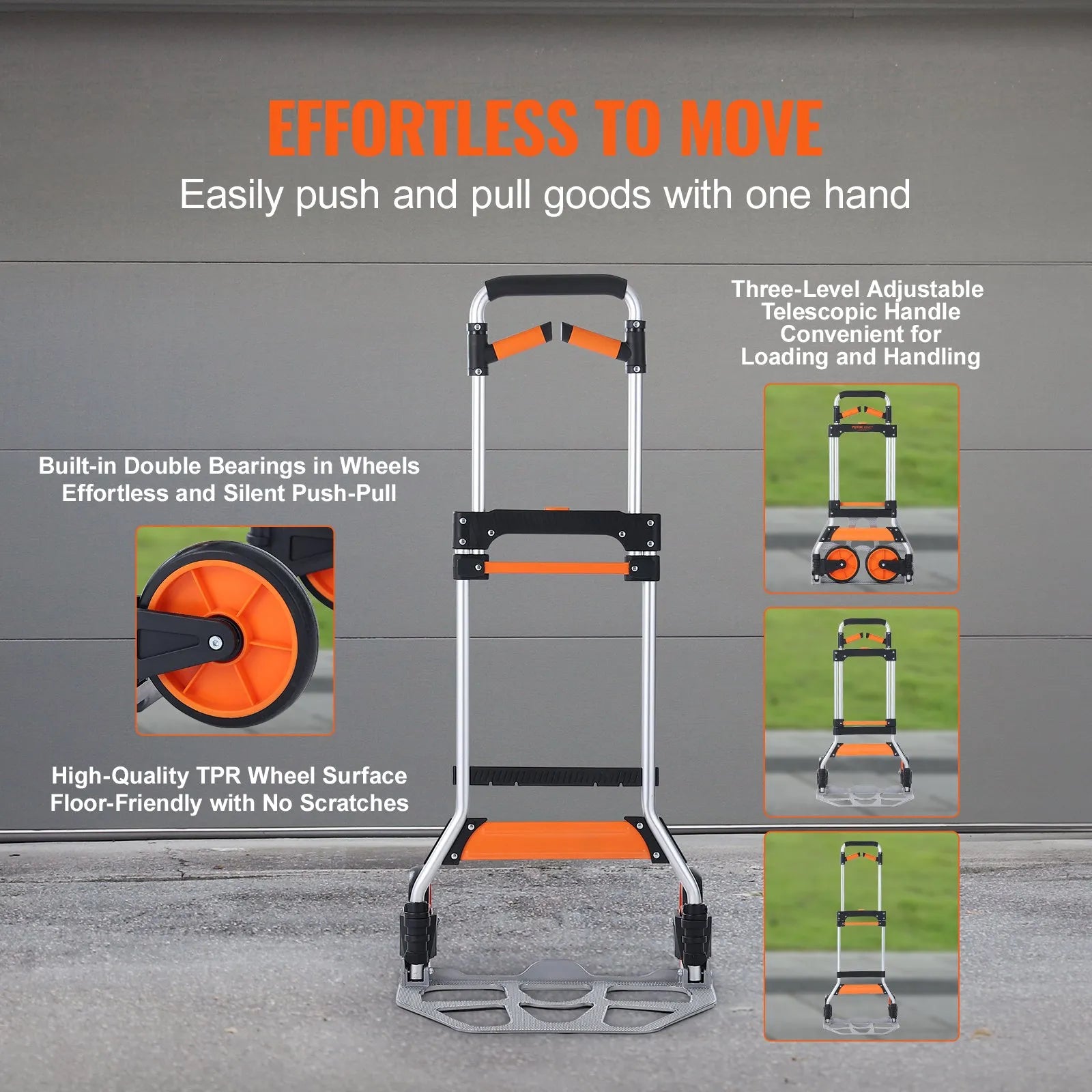 VEVOR Folding Hand Truck, 309 lbs Load Capacity, Aluminum Portable Cart, Convertible Hand Truck and Dolly with Telescoping Handle and PP+TPR Wheels, Ultra Lightweight Super Strong for Moving Warehouse