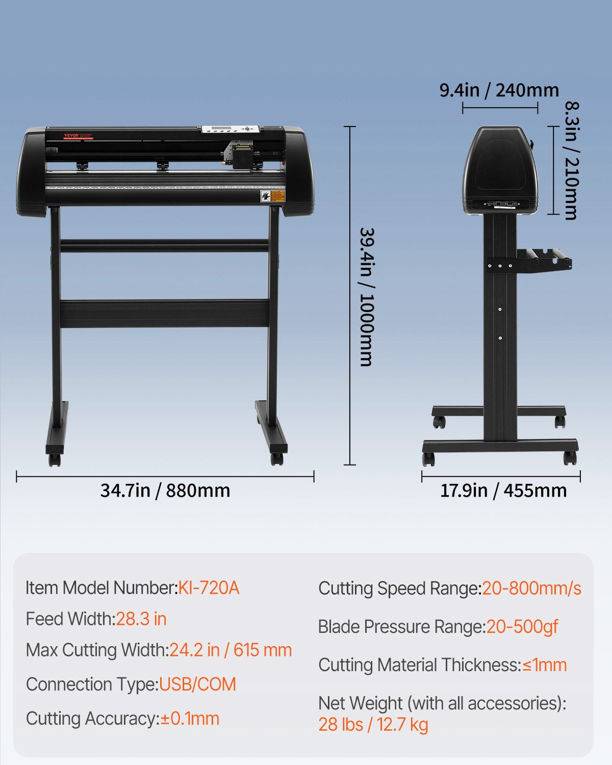 VEVOR Vinyl Cutter Machine, 28in / 720mm, LED Plotter Printer, Precise Manual Positioning, Softwares Support MAC and Windows Systems, Adjustable Force and Speed, Floor Stand for Making Sign Label 
