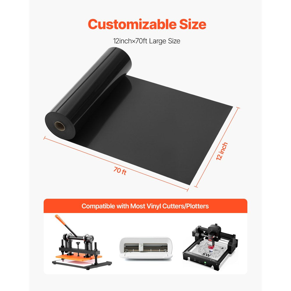 Heat Transfer Vinyl HTV Roll 12 in x 70 ft, Glossy Black Iron-On Vinyl for T-Shirts, Hats & Crafts