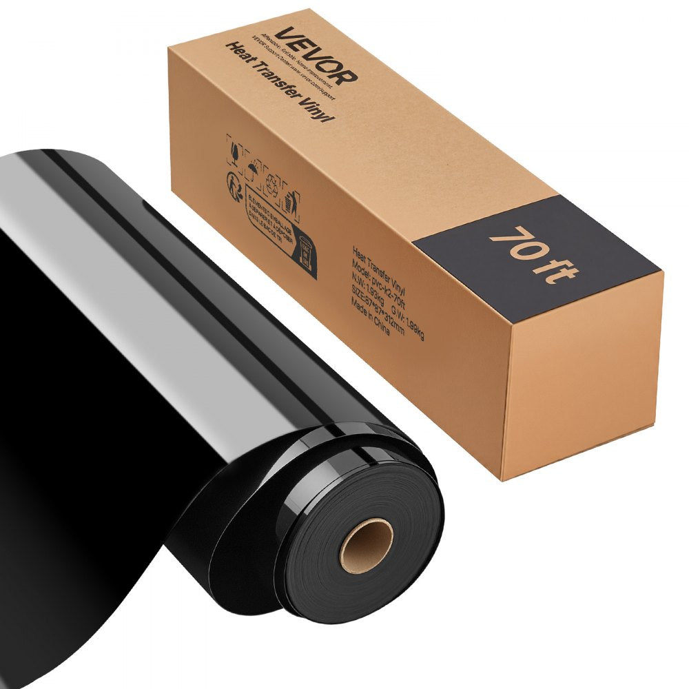 Heat Transfer Vinyl HTV Roll 12 in x 70 ft, Glossy Black Iron-On Vinyl for T-Shirts, Hats & Crafts