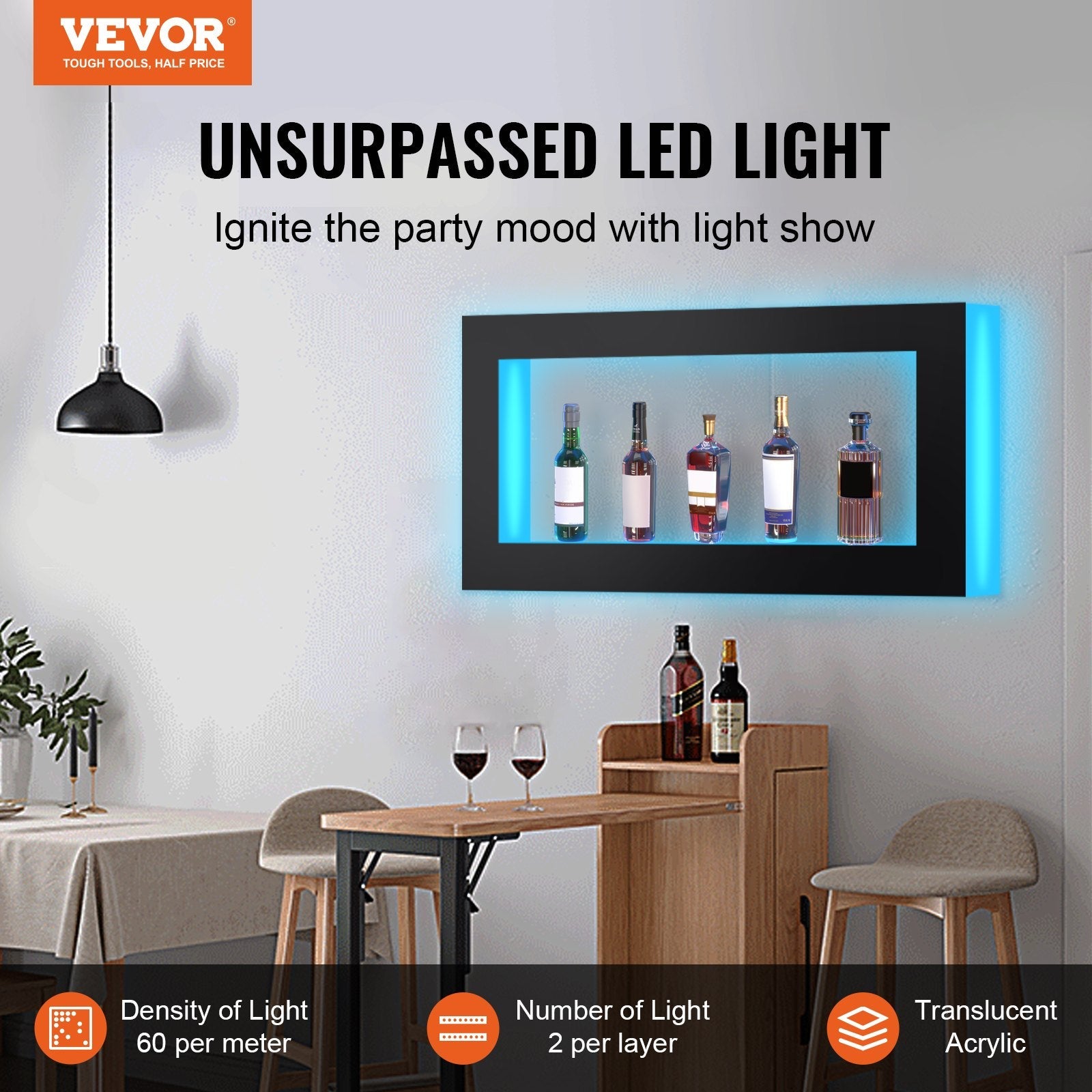 VEVOR LED Lighted Liquor Bottle Display, Square 48 Inch, Illuminated Home Bar Shelf with RF Remote & App Control 7 Static Colors 1-4 H Timing, Acrylic Wall-Mounted Drinks Lighting Shelf for 24 Bottl 