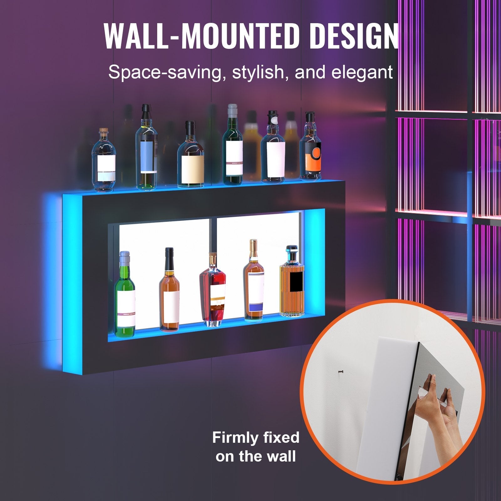 VEVOR LED Lighted Liquor Bottle Display, Square 48 Inch, Illuminated Home Bar Shelf with RF Remote & App Control 7 Static Colors 1-4 H Timing, Acrylic Wall-Mounted Drinks Lighting Shelf for 24 Bottl 