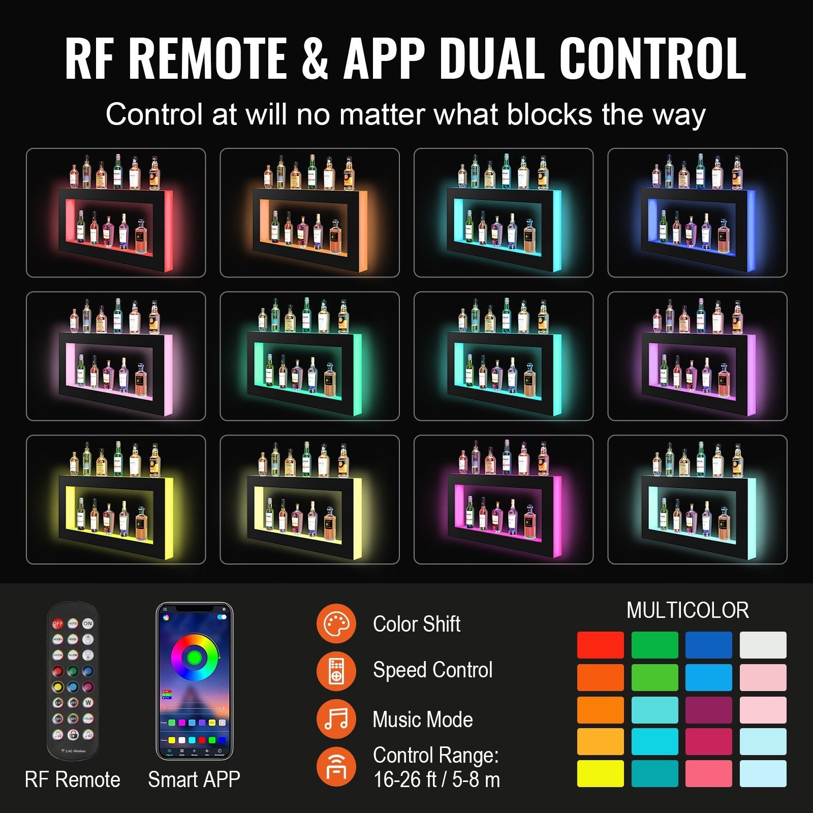VEVOR LED Lighted Liquor Bottle Display, Square 48 Inch, Illuminated Home Bar Shelf with RF Remote & App Control 7 Static Colors 1-4 H Timing, Acrylic Wall-Mounted Drinks Lighting Shelf for 24 Bottl 