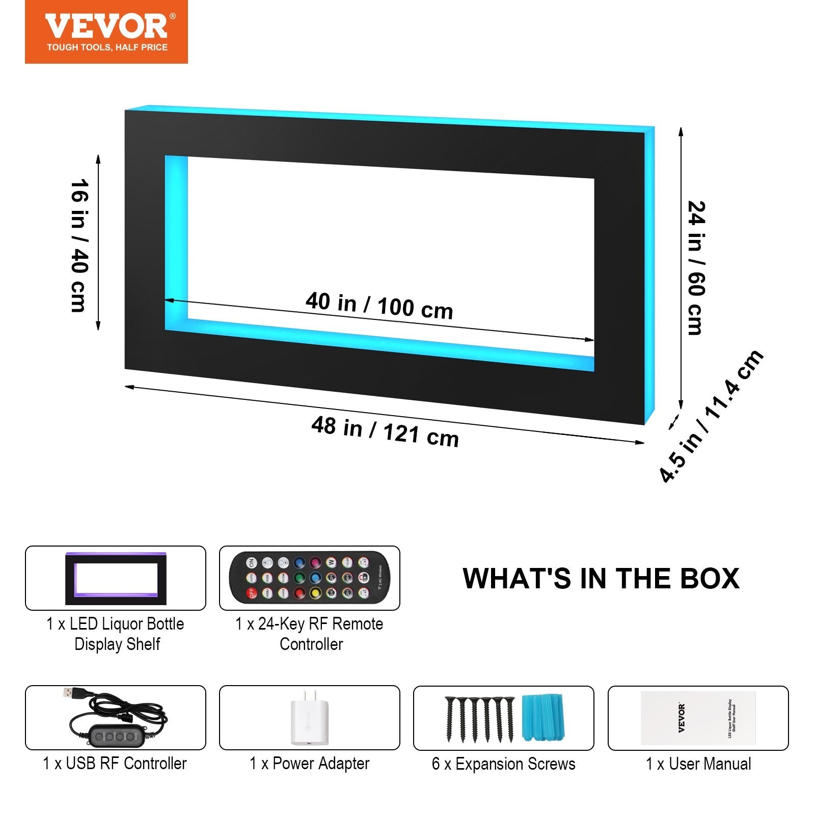 VEVOR LED Lighted Liquor Bottle Display, Square 48 Inch, Illuminated Home Bar Shelf with RF Remote & App Control 7 Static Colors 1-4 H Timing, Acrylic Wall-Mounted Drinks Lighting Shelf for 24 Bottl 