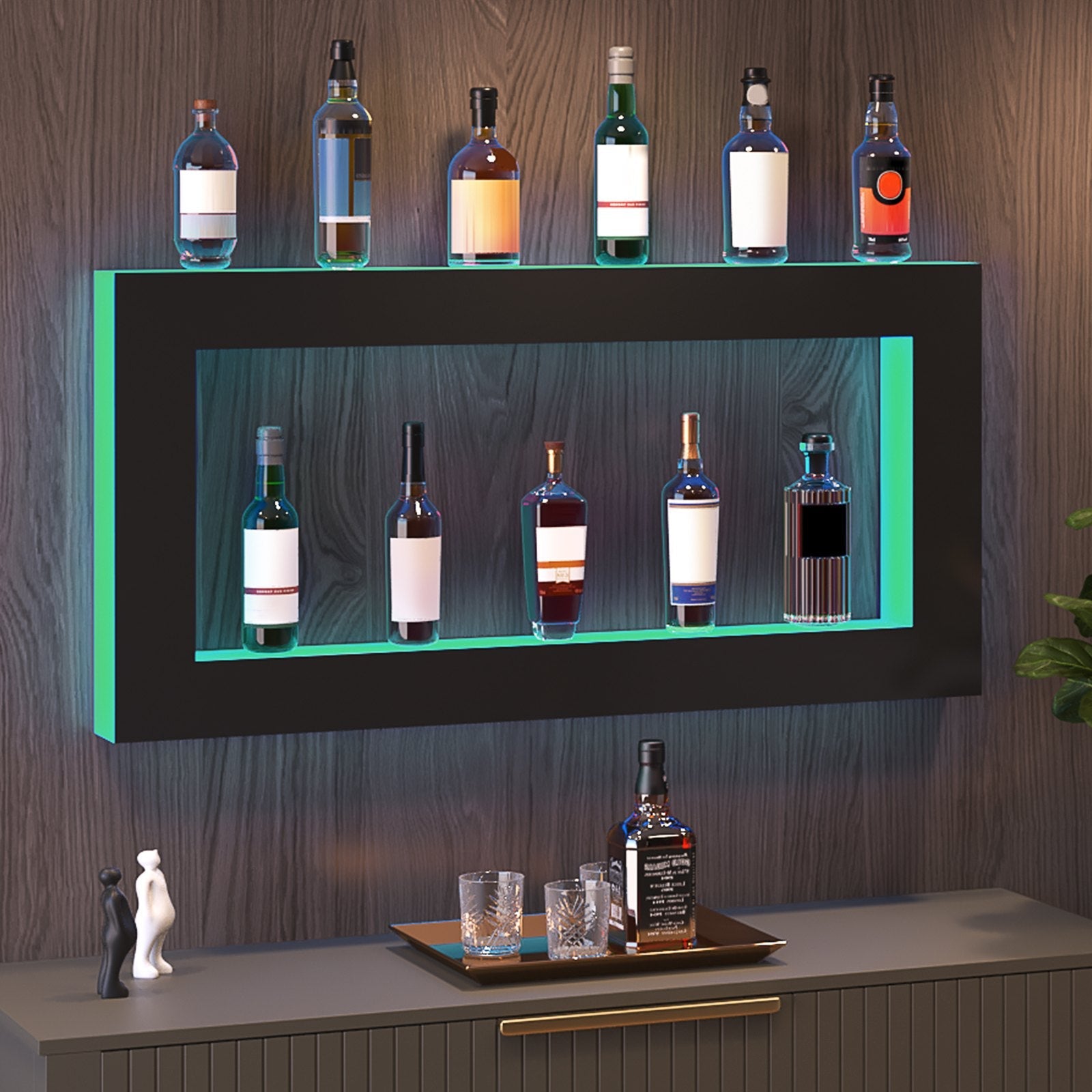 VEVOR LED Lighted Liquor Bottle Display, Square 48 Inch, Illuminated Home Bar Shelf with RF Remote & App Control 7 Static Colors 1-4 H Timing, Acrylic Wall-Mounted Drinks Lighting Shelf for 24 Bottl 