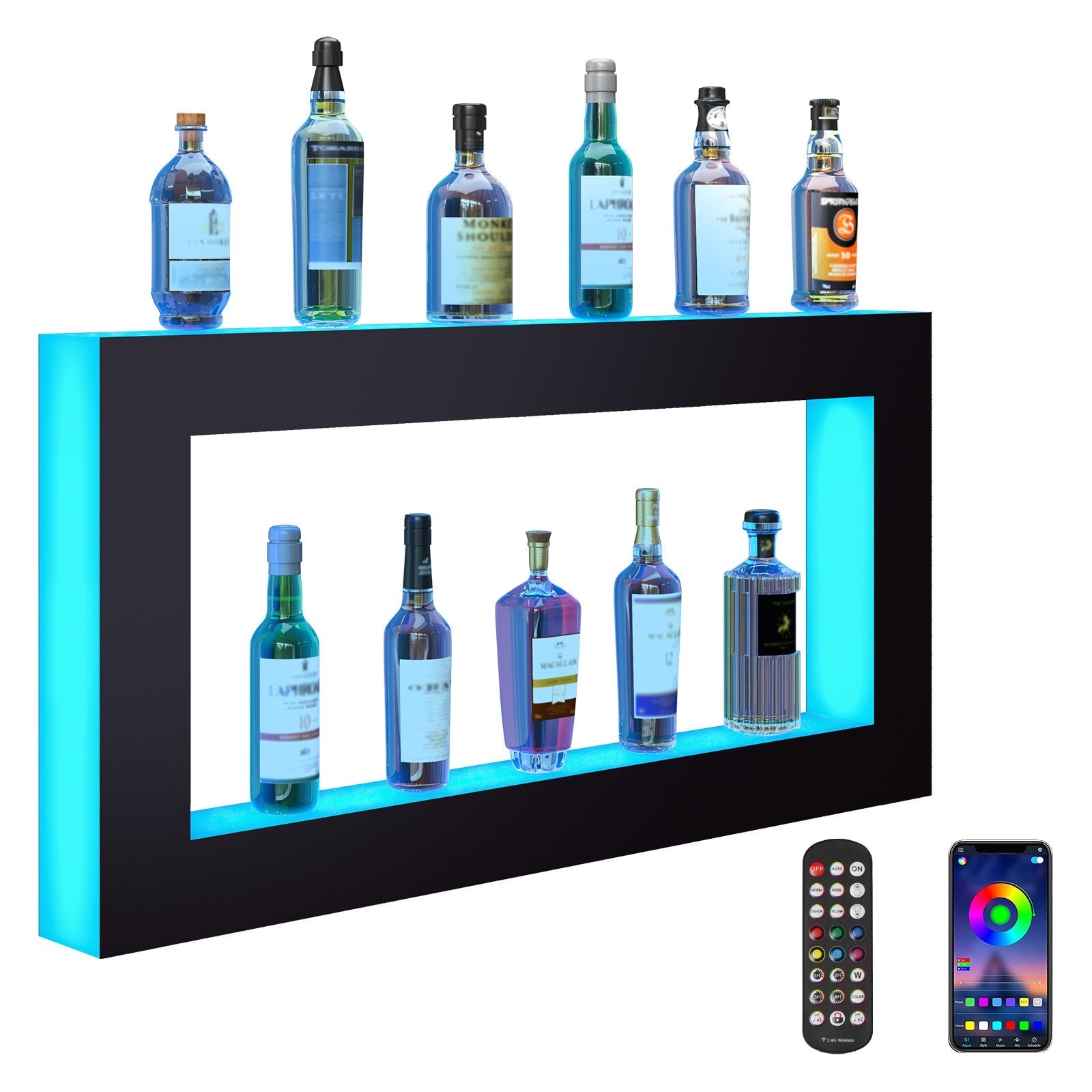VEVOR LED Lighted Liquor Bottle Display, Square 48 Inch, Illuminated Home Bar Shelf with RF Remote & App Control 7 Static Colors 1-4 H Timing, Acrylic Wall-Mounted Drinks Lighting Shelf for 24 Bottl 