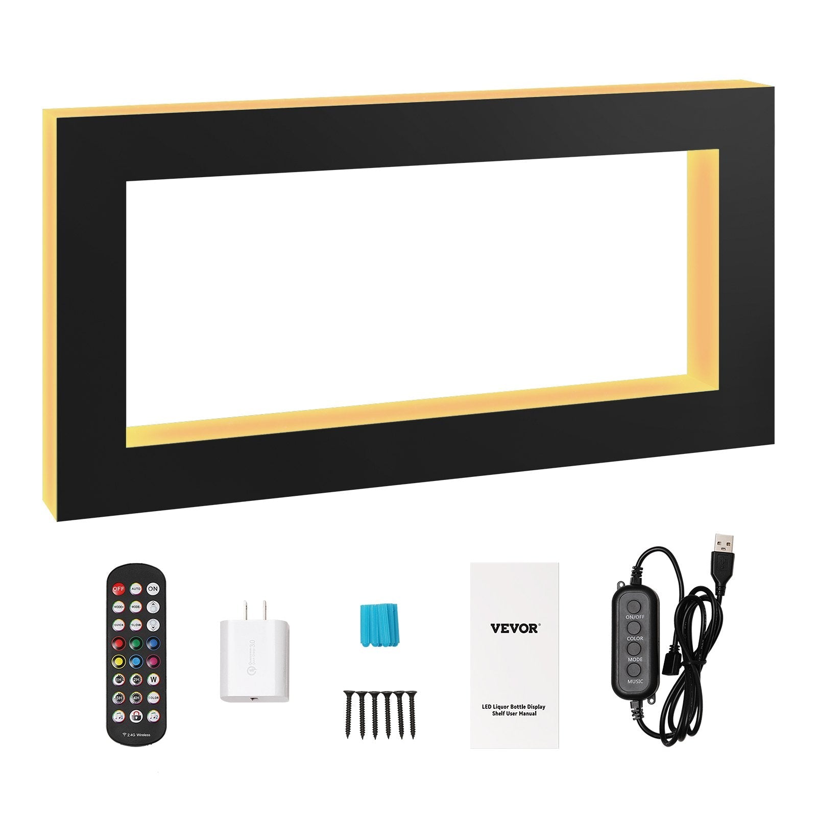VEVOR LED Lighted Liquor Bottle Display, Square 48 Inch, Illuminated Home Bar Shelf with RF Remote & App Control 7 Static Colors 1-4 H Timing, Acrylic Wall-Mounted Drinks Lighting Shelf for 24 Bottl 