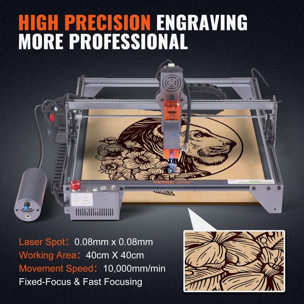 VEVOR Laser Engraver, 10W Output Laser Engraving Machine, 15.7" x 15.7" Large Working Area, 10000mm/min Movement Speed, Compressed Spot with Rotary Roller, Laser Cutter for Wood, Metal, Acrylic 