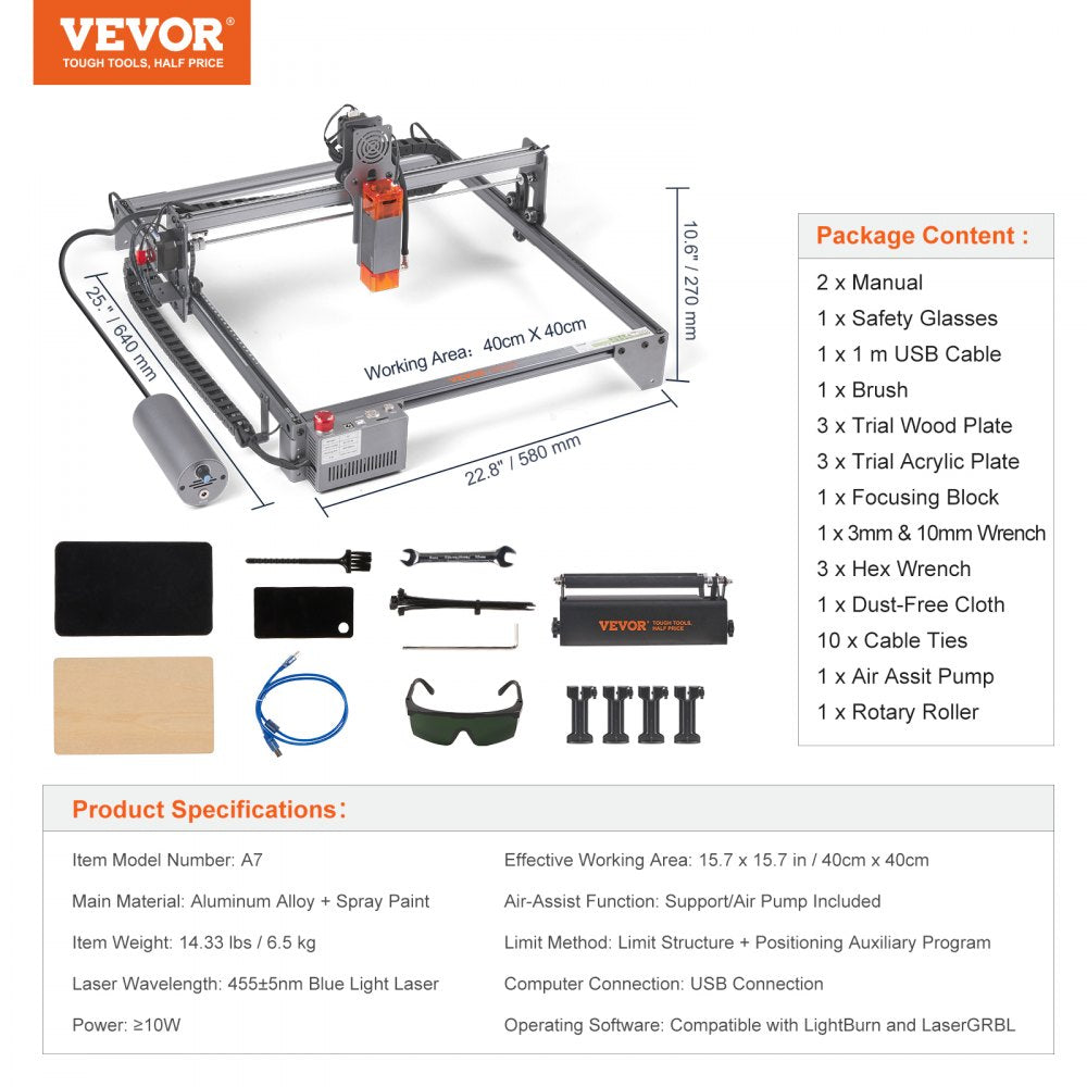 VEVOR Laser Engraver, 10W Output Laser Engraving Machine, 15.7" x 15.7" Large Working Area, 10000mm/min Movement Speed, Compressed Spot with Rotary Roller, Laser Cutter for Wood, Metal, Acrylic 