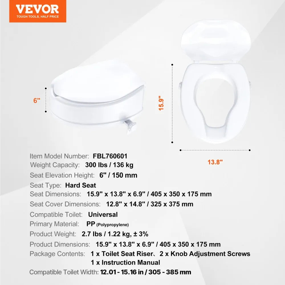 VEVOR Raised Toilet Seat, 5" Height Raised, 300 lbs Weight Capacity, Universal Toilet Seat Riser, Screw Rod Locking, with Toilet Seat, for Elderly, Handicap, Patient, Pregnant, Medical