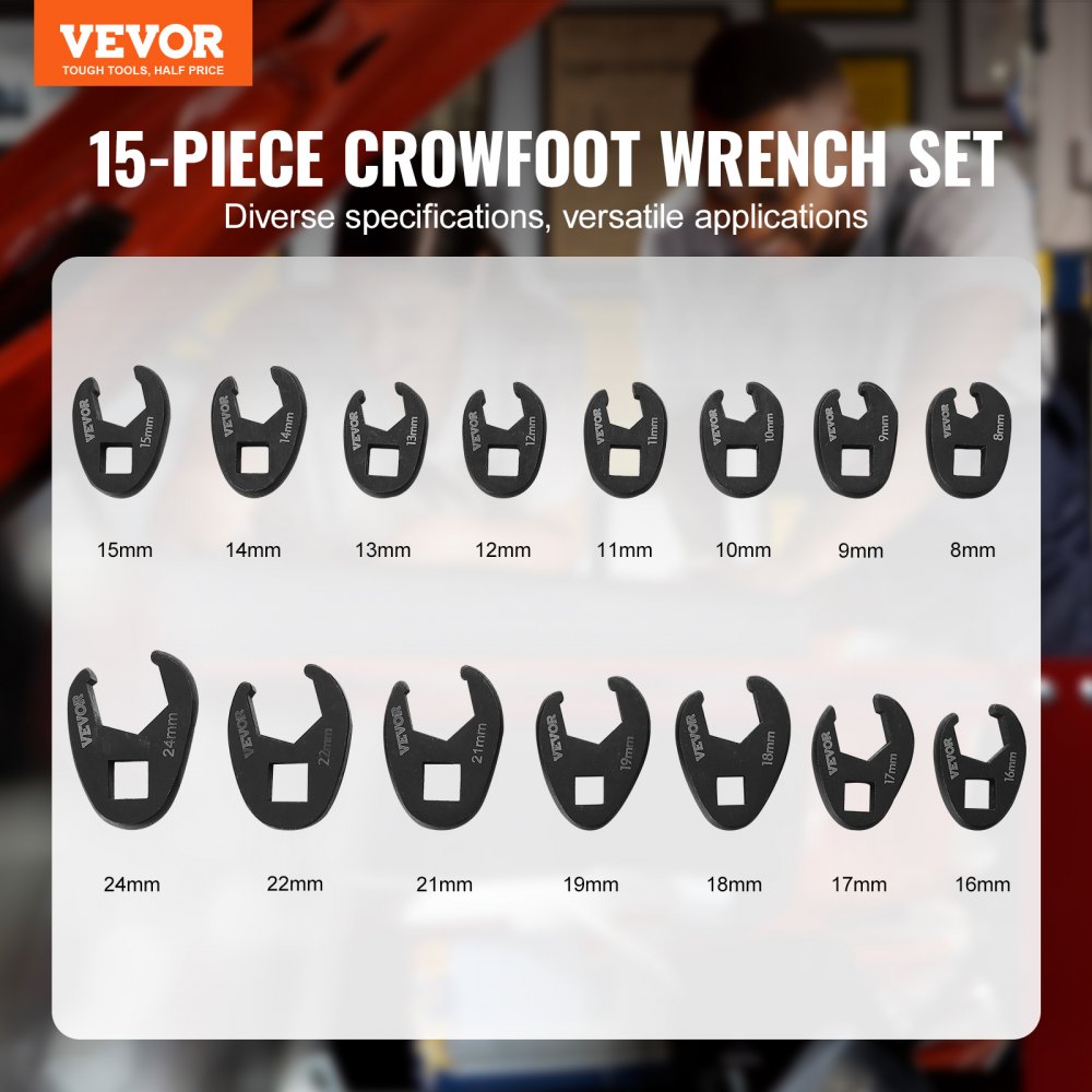 VEVOR Crowfoot Wrench Set, 1/2" and 3/8" Drive 15-Piece Crows Foot Wrench Set with PP Storage Case,  Metric 8-24 mm, CRMO Steel and  Manganese Phosphate Finish, for Mechanical Maintenance and Repairs 