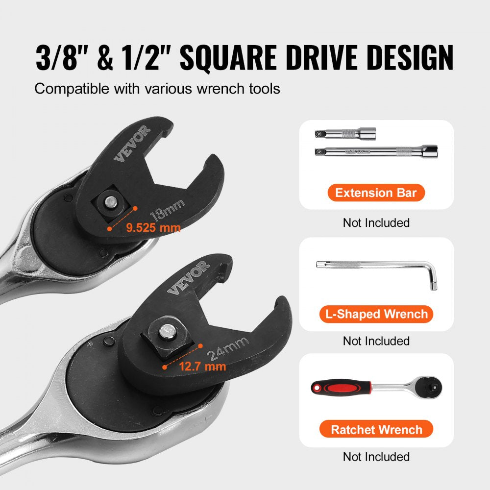 VEVOR Crowfoot Wrench Set, 1/2" and 3/8" Drive 15-Piece Crows Foot Wrench Set with PP Storage Case,  Metric 8-24 mm, CRMO Steel and  Manganese Phosphate Finish, for Mechanical Maintenance and Repairs 