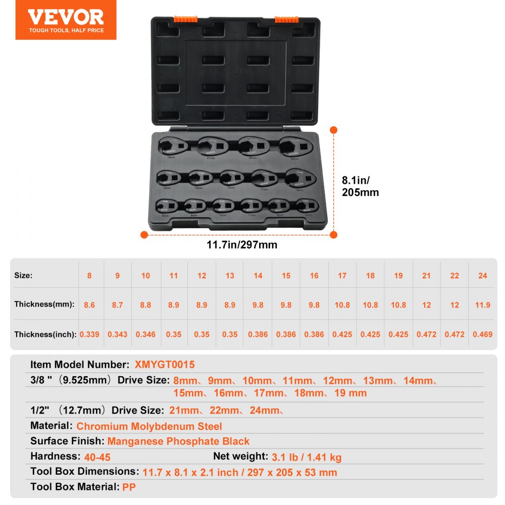 VEVOR Crowfoot Wrench Set, 1/2" and 3/8" Drive 15-Piece Crows Foot Wrench Set with PP Storage Case,  Metric 8-24 mm, CRMO Steel and  Manganese Phosphate Finish, for Mechanical Maintenance and Repairs 