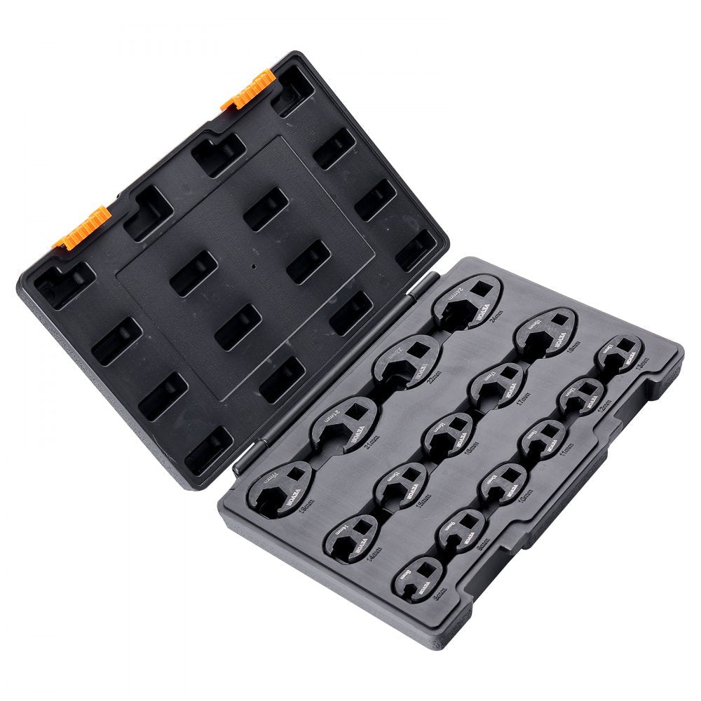 VEVOR Crowfoot Wrench Set, 1/2" and 3/8" Drive 15-Piece Crows Foot Wrench Set with PP Storage Case,  Metric 8-24 mm, CRMO Steel and  Manganese Phosphate Finish, for Mechanical Maintenance and Repairs 