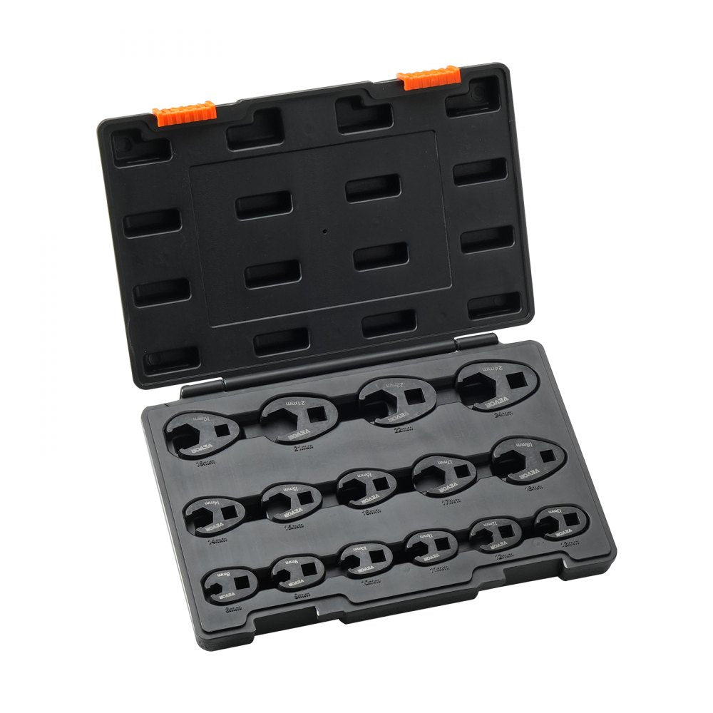 VEVOR Crowfoot Wrench Set, 1/2" and 3/8" Drive 15-Piece Crows Foot Wrench Set with PP Storage Case,  Metric 8-24 mm, CRMO Steel and  Manganese Phosphate Finish, for Mechanical Maintenance and Repairs 