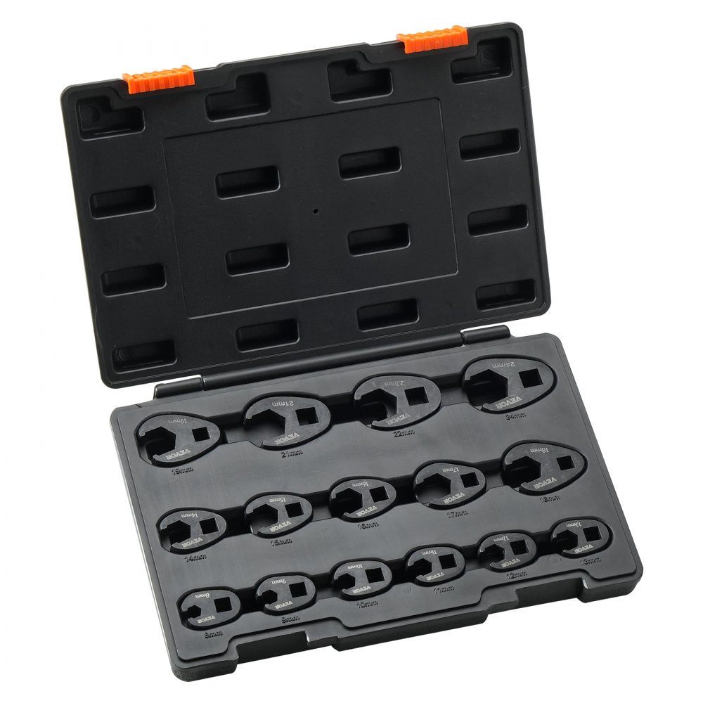 VEVOR Crowfoot Wrench Set, 1/2" and 3/8" Drive 15-Piece Crows Foot Wrench Set with PP Storage Case,  Metric 8-24 mm, CRMO Steel and  Manganese Phosphate Finish, for Mechanical Maintenance and Repairs 